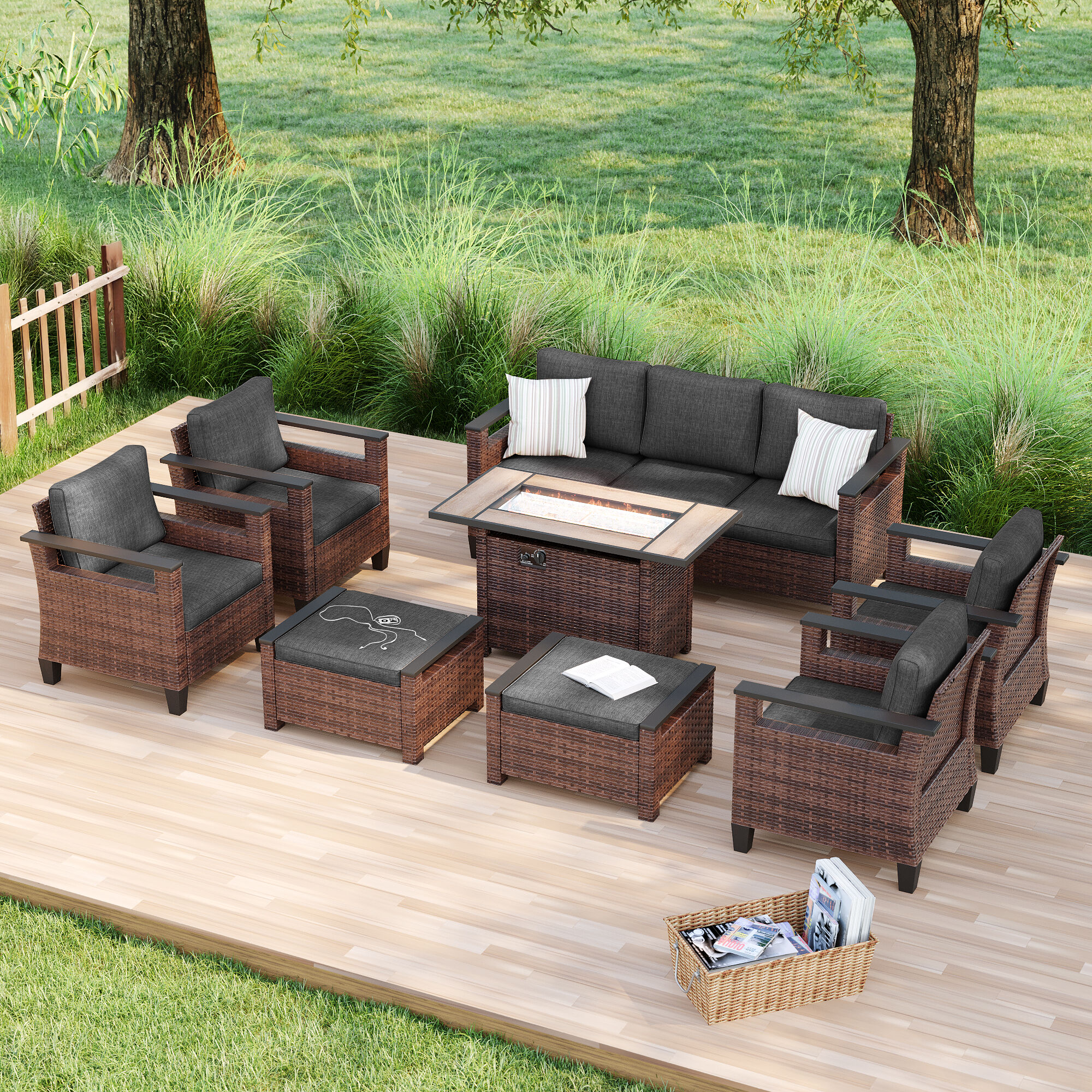 ACEGOSES LW-126BBK-S2T5 Skytop 8 -Piece Wicker Patio Sofa Conversation Set with Black Cushions