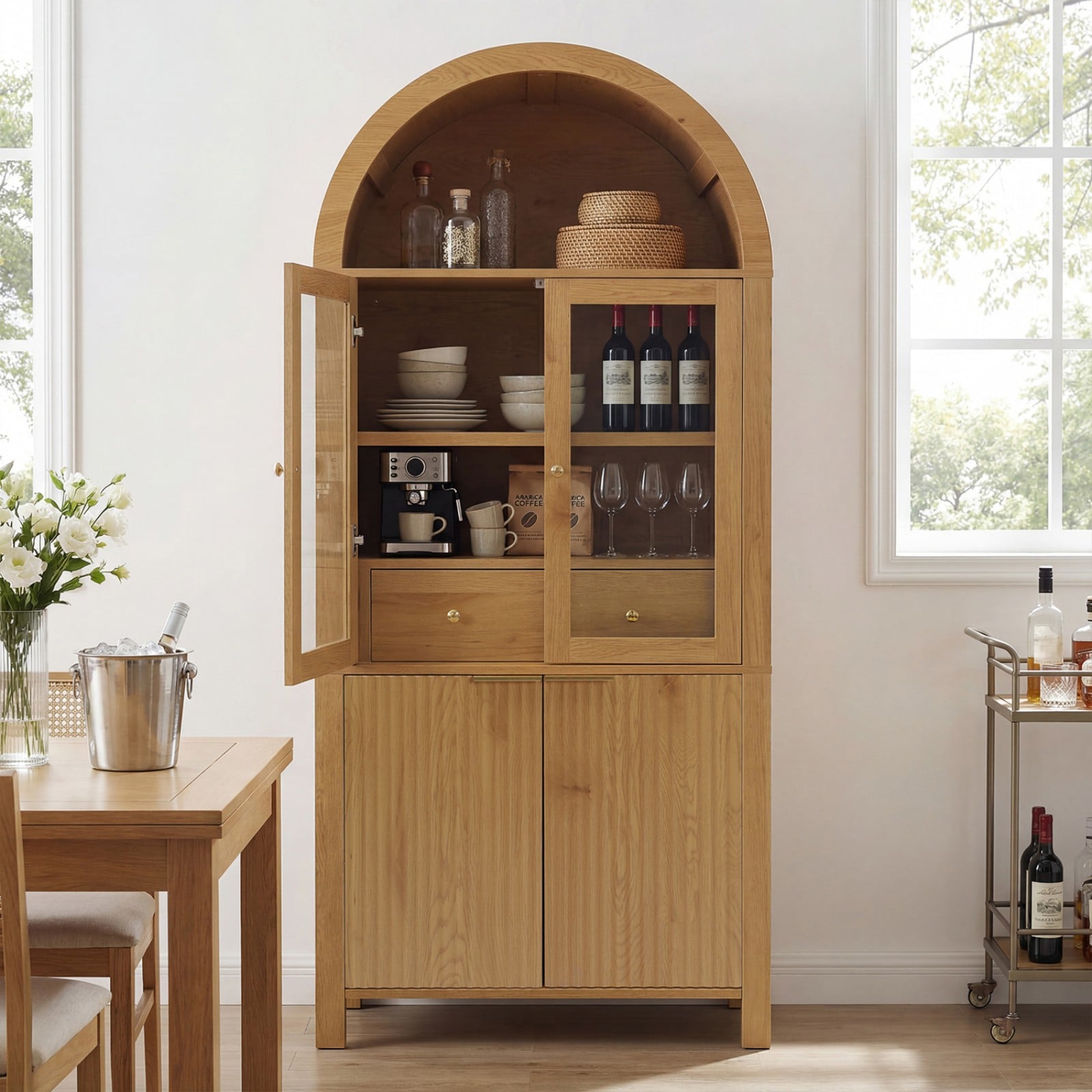 GlasFlength  71-Inch Oak Fluted Tall Arched Pantry Cabinet with Adjustable Shelves Hidden Drawer Glass Door Elegant Display Storage for Kitchen Living Room Dining Room