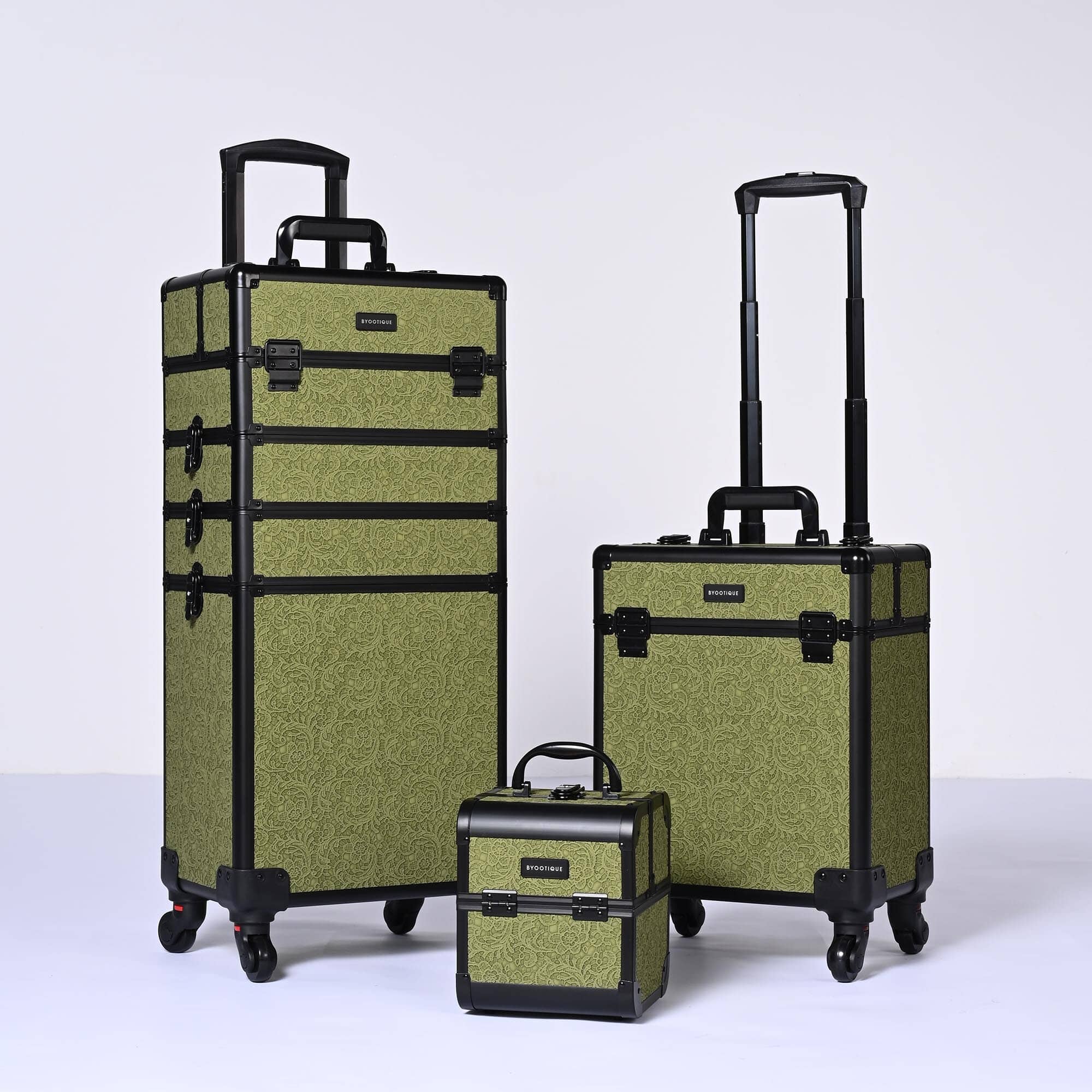 Yescom 12MKCSET-LMS-R04-LO Byootique 3 Piece Makeup Train Cases Cosmetic Organizer Kit Artist Rococo Moss