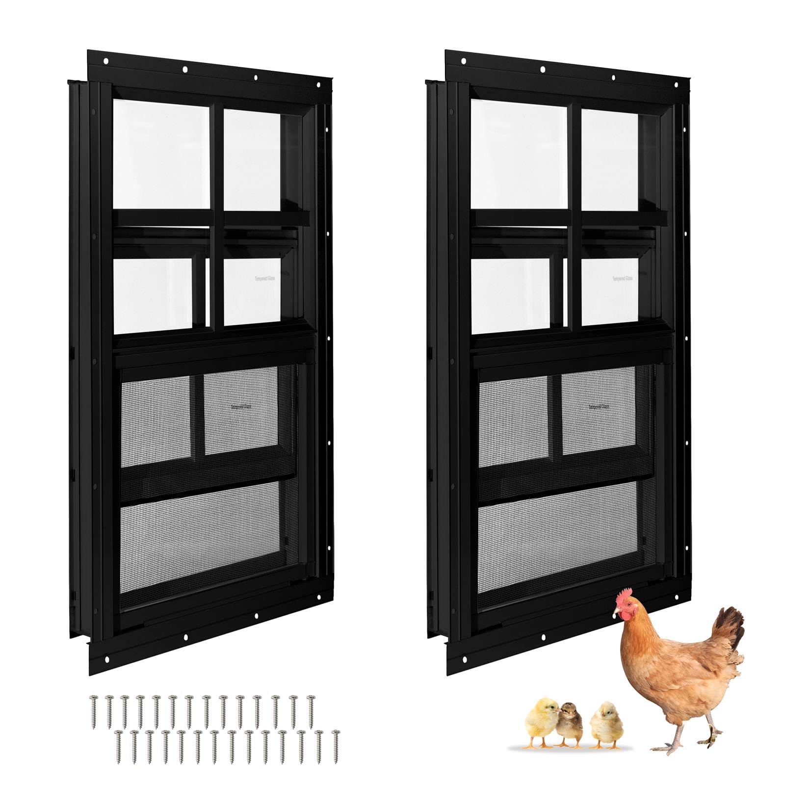 LAIFUCAM 2 Pack 18 x 23 Inch Flush Mount Sliding Shed Windows with Tempered Glass and Fiberglass Screen for Coop Playhouse Garage Barn #LLA0814J010