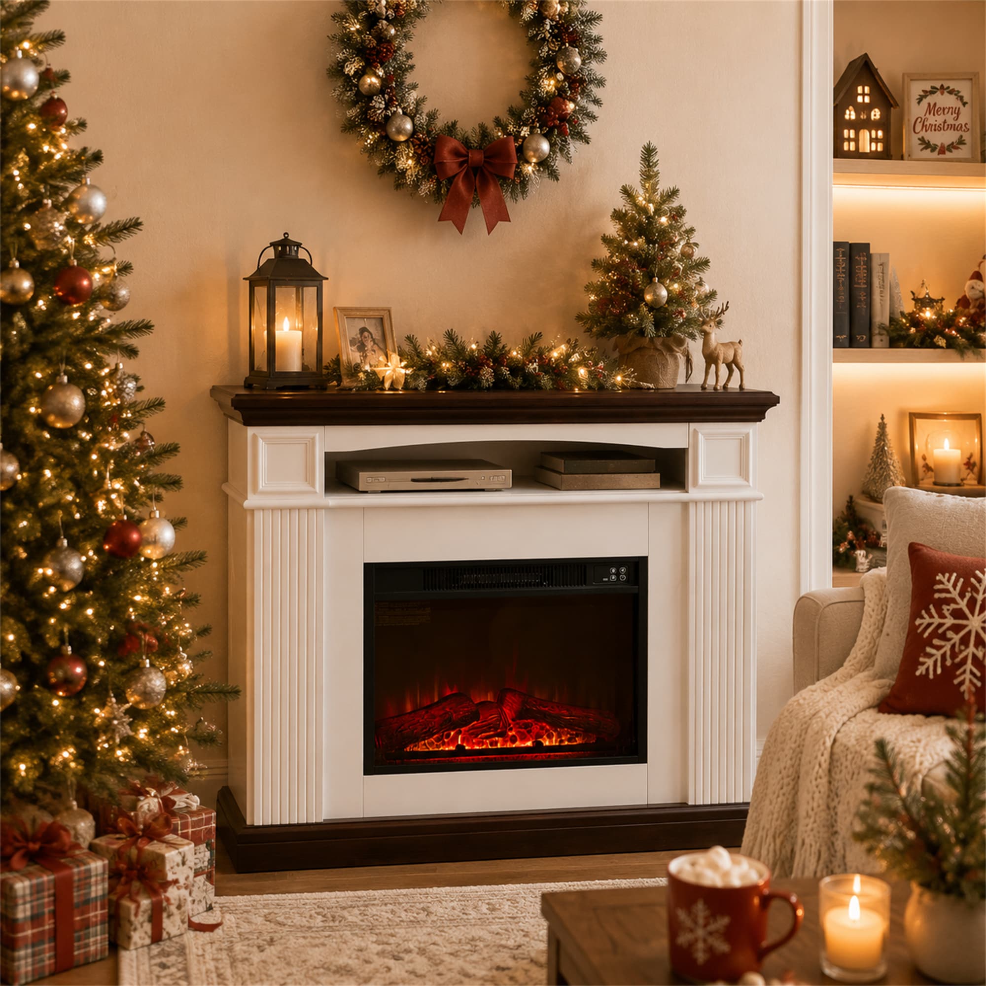 BABOOM 43.5-in W Cherry,White Free standing Fan-forced Flat Wall Electric Fireplace with Remote Control Included