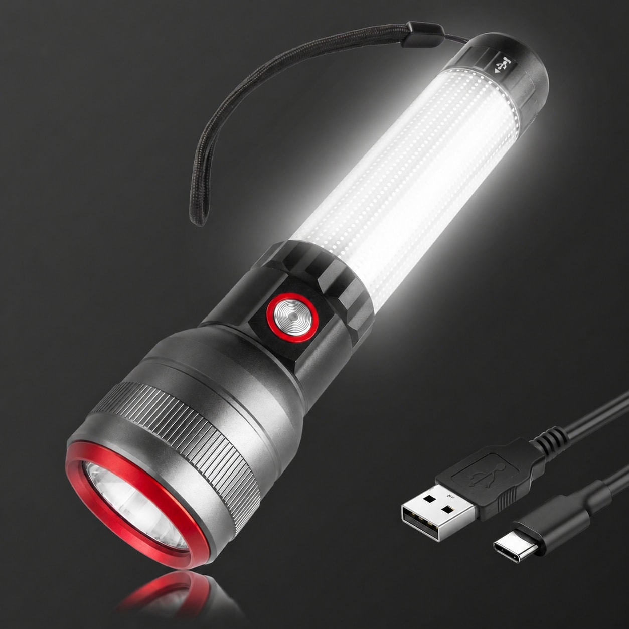 Justincity Rechargeable Flashlight 1200 Lumens Dual Lighting System Spotlight and Area Light USB-C Zoomable LED for Camping Power Outage 1 Piece #LJT0502F27