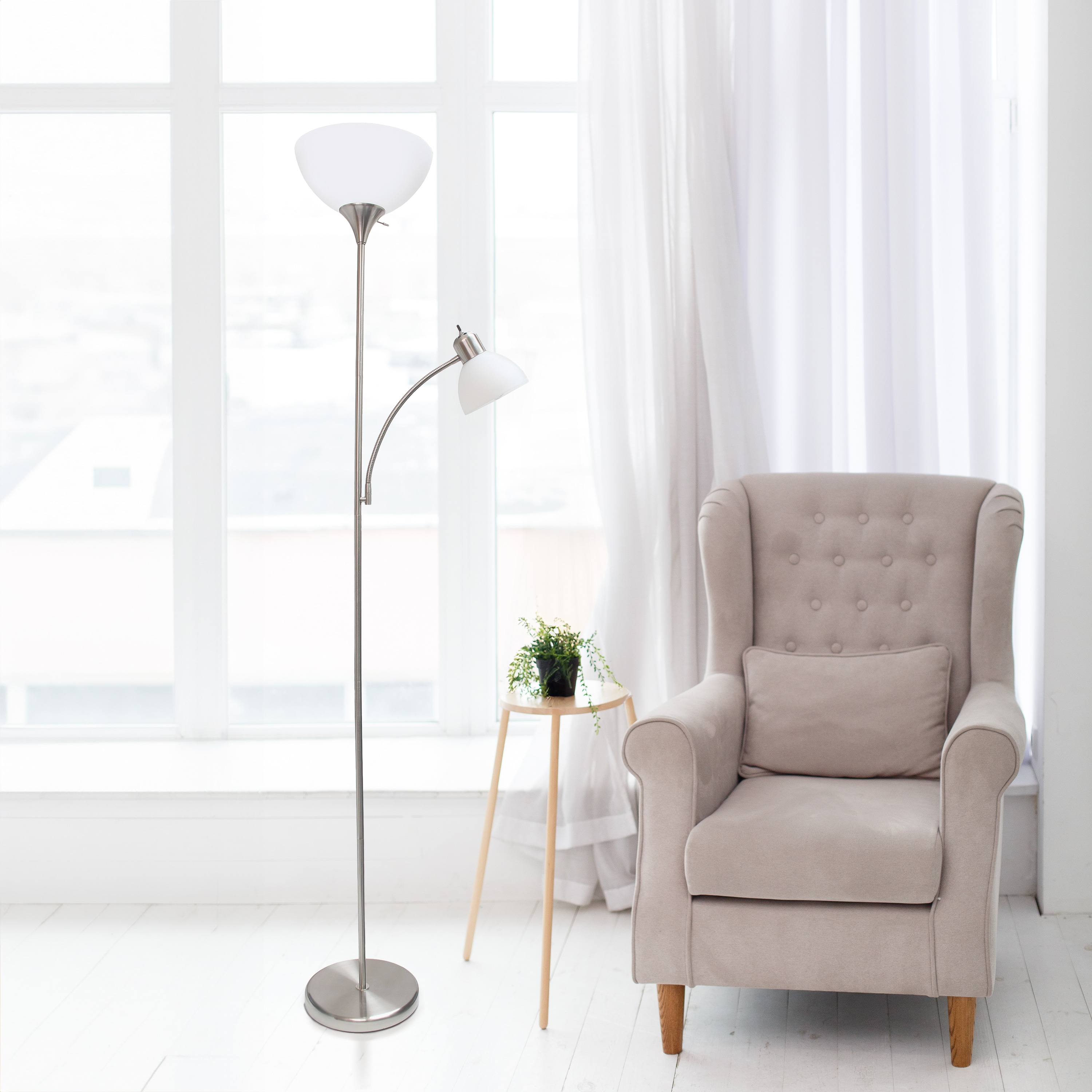 Adjustable White and Silver Metal Floor Lamp with Lampshade