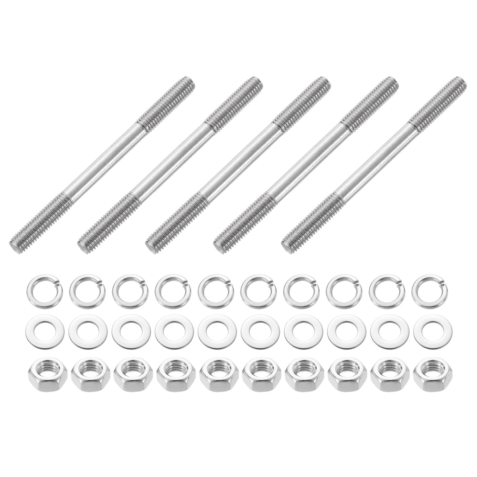 Unique Bargains 5pcs Double Ended Stud Screws M8x100mm 304 Stainless Steel Dual Threaded Rod Bolts with Nuts and Flat and Lock Washers Double End Threaded Stud Screw Bolt for House Maintenance