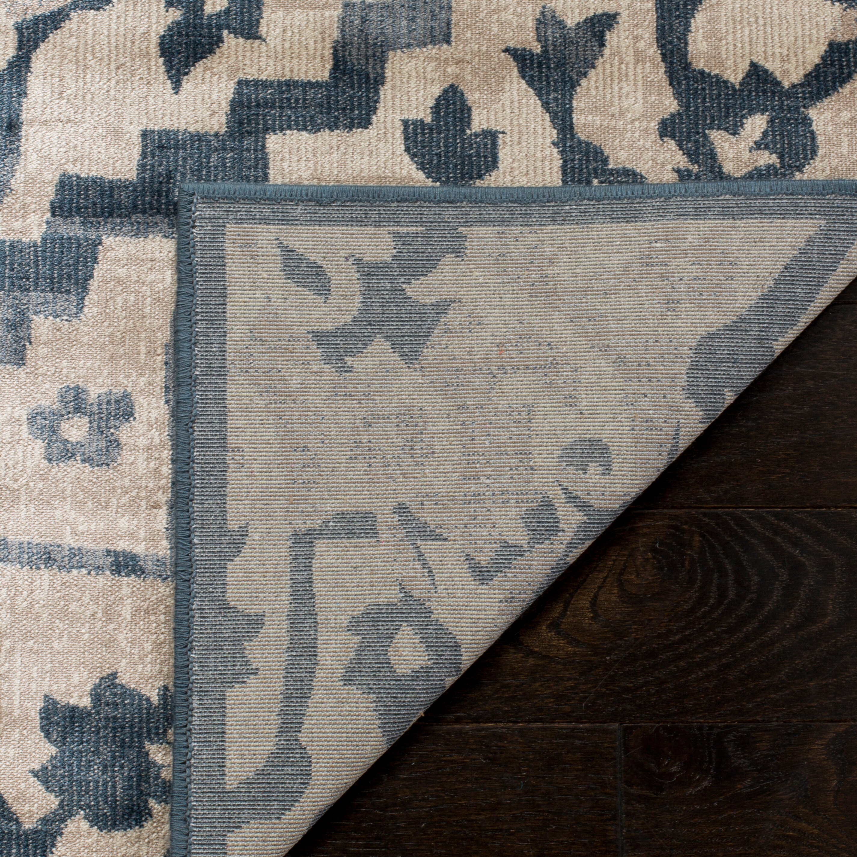 Vintage Cream and Blue Rectangular 9' x 12' Viscose Area Rug