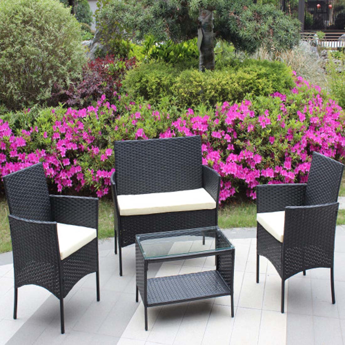 Damerin N7CS25 4 -Piece Wicker Patio Sofa Conversation Set with Off-white Cushions