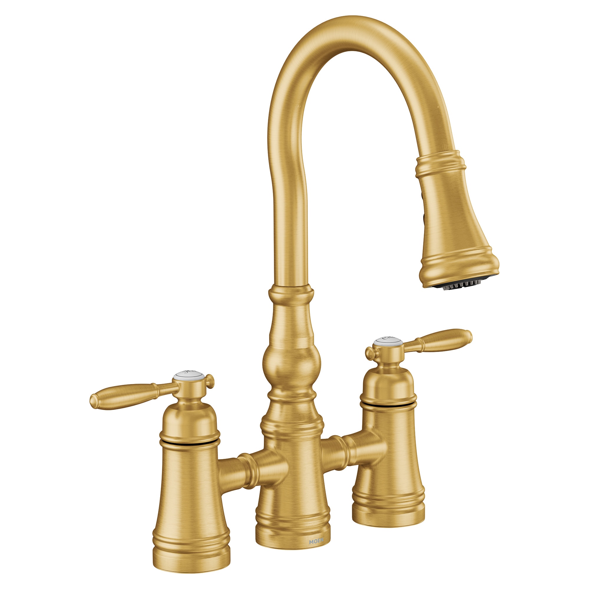 Moen S73204BG Brushed Gold Double Handle Deck-mount Pull-down Kitchen Faucet with Sprayer