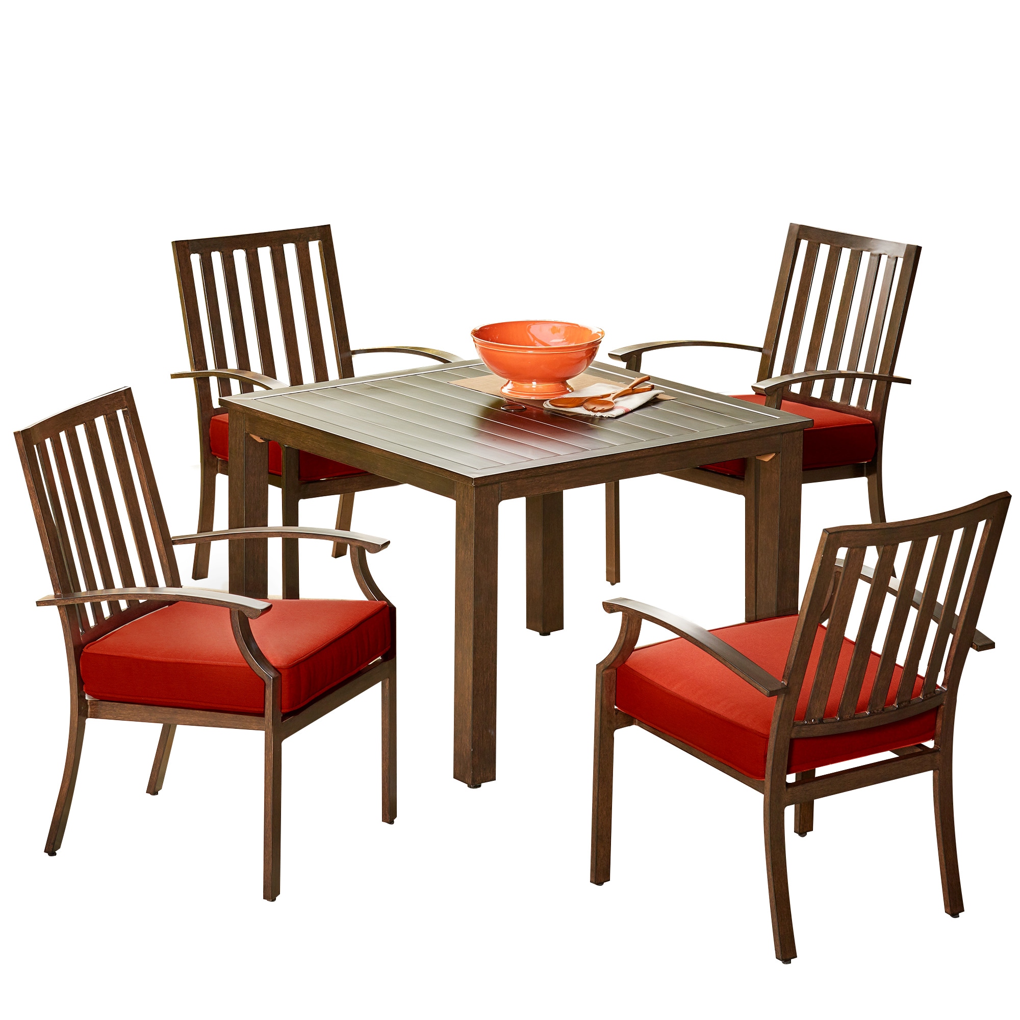 Royal Garden LAKDST513 Forest Glen 5 -Piece Brown Woodgrain Patio Dining Set Aluminum Square Table with 4 Red Cushions Stationary Chairs