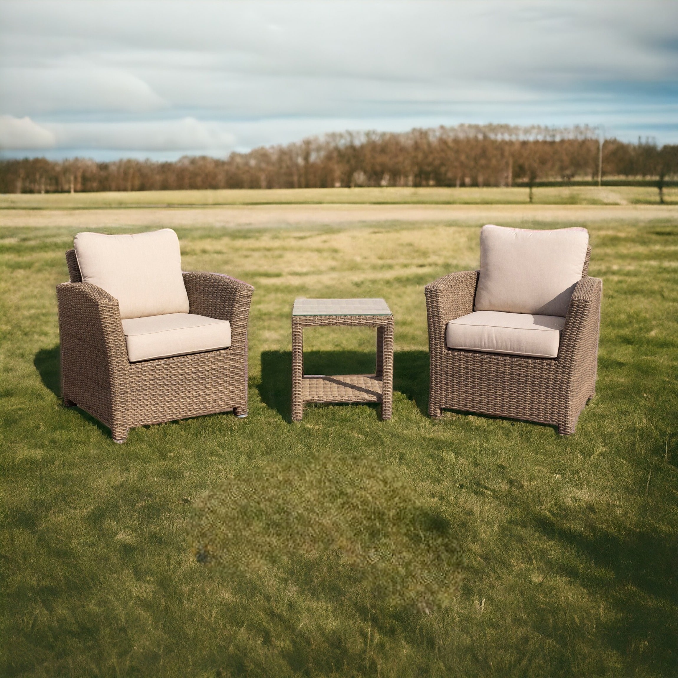 Courtyard Casual 5832 Capri 3-Piece Wicker Patio Conversation Set with Tan Cushions