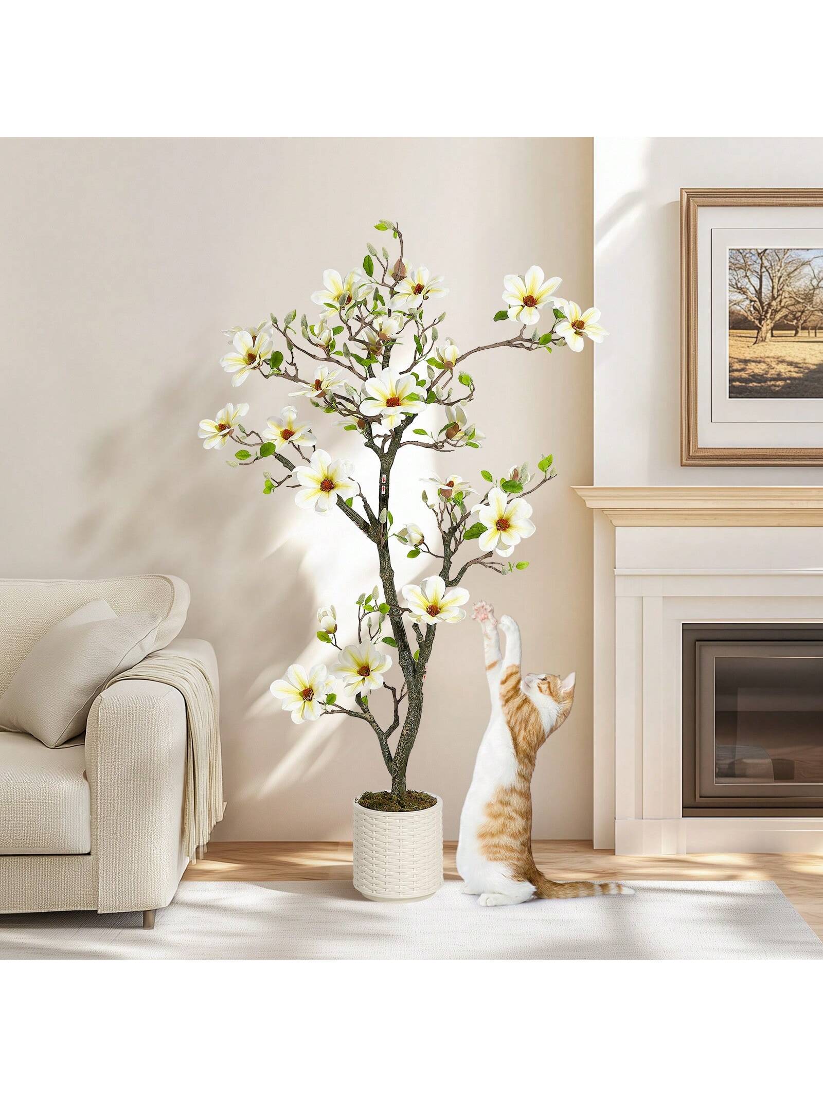 Qeetex PHK-33YJS6GD-HF4 5FT Artificial Magnolia Tree - Indoor Simulation Tree with Realistic Leaves and Flowers - Perfect for Interior Decoration. Living Room. Doorway. Office and Hotel (White)