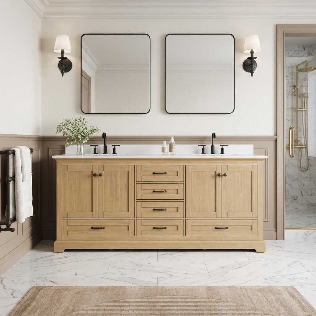 Poinic Fully Assembled 80-in Oak Undermount Double Sink Bathroom Vanity with White Crushed Marble Top (Fully Assembled)