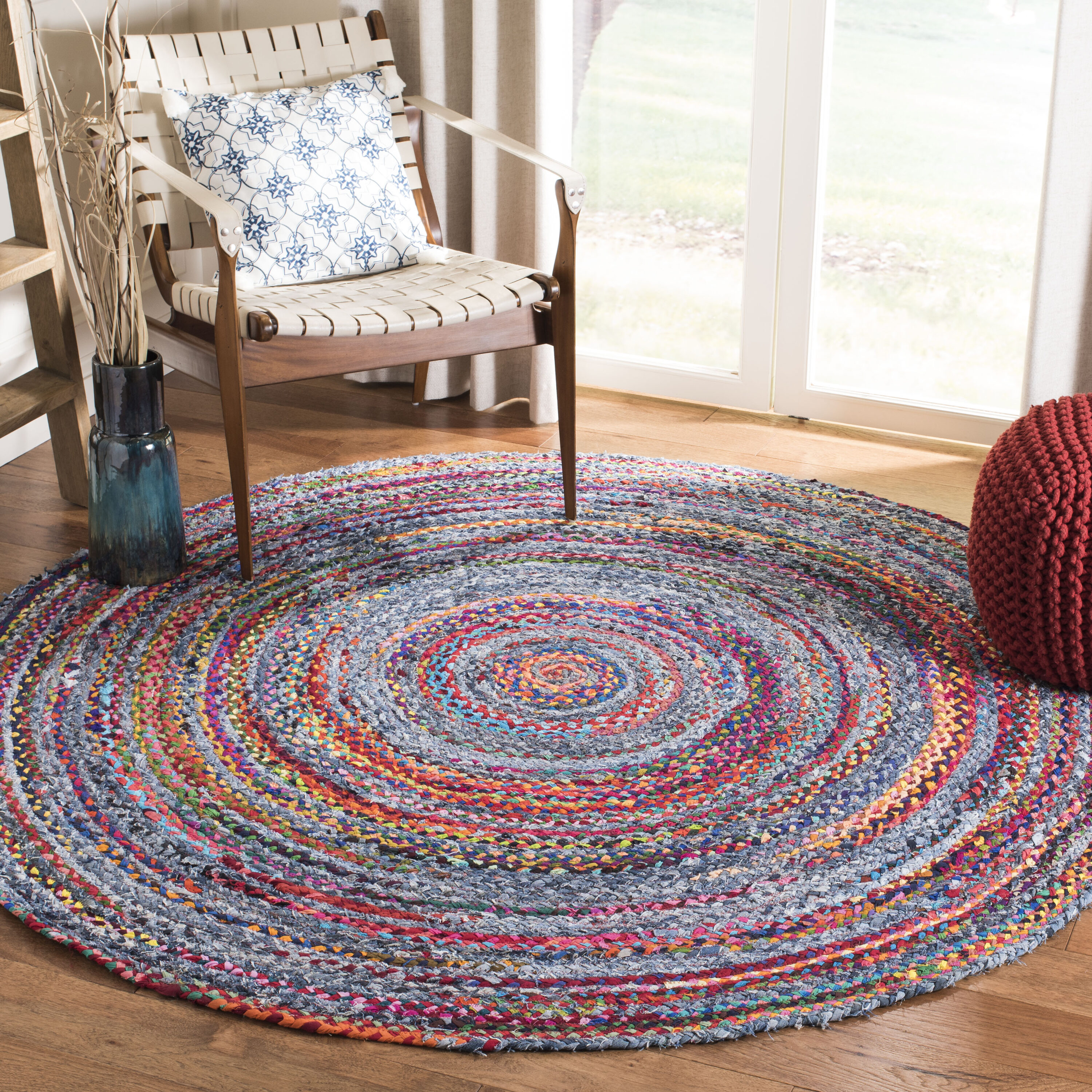  Braided 250 Blue/Red Bohemian 6ft x 6ft Round Rug