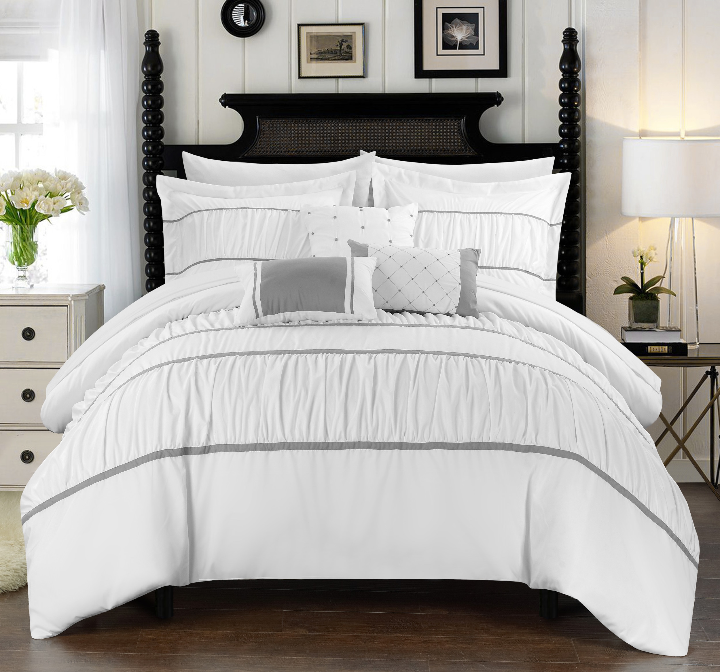 7-Piece White & Gold Stripe Embellished Comforter Set, Queen, Sold by at Home