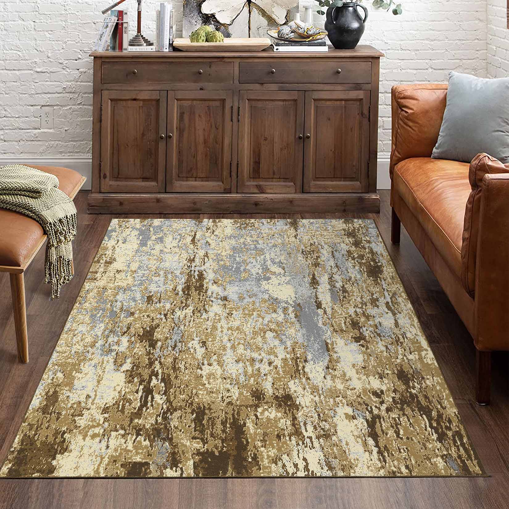 Garvee YXY-LO-PHO-12ZQTHTE 10 x 13 (ft) Loomed Polyester Khaki Rectangular Indoor Abstract Mid-Century Modern Machine washable Area rug