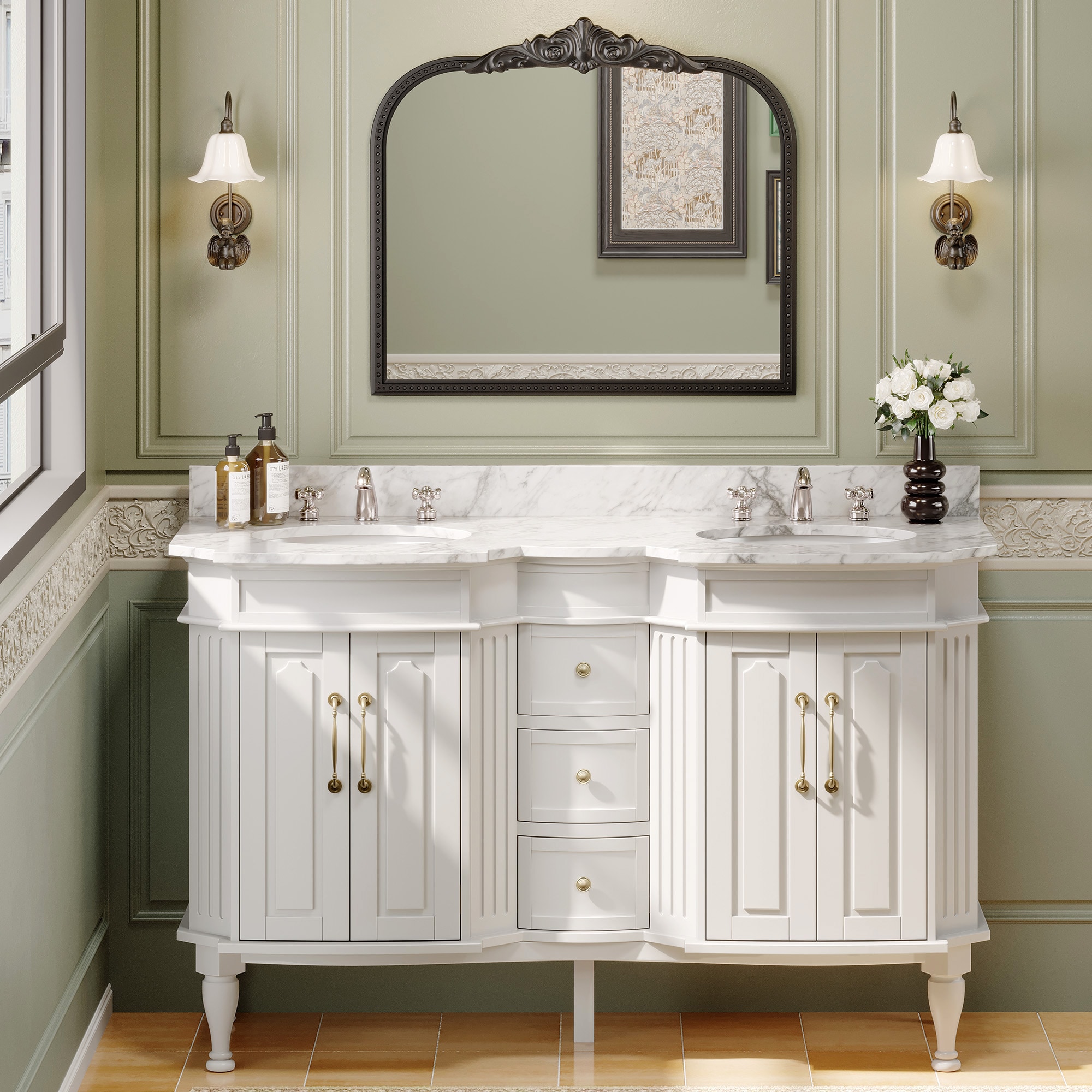 VOUA SAF-DSRCJ-YE 56-in White Double Sink Bathroom Vanity with White Ceramic Top (Mirror Included)