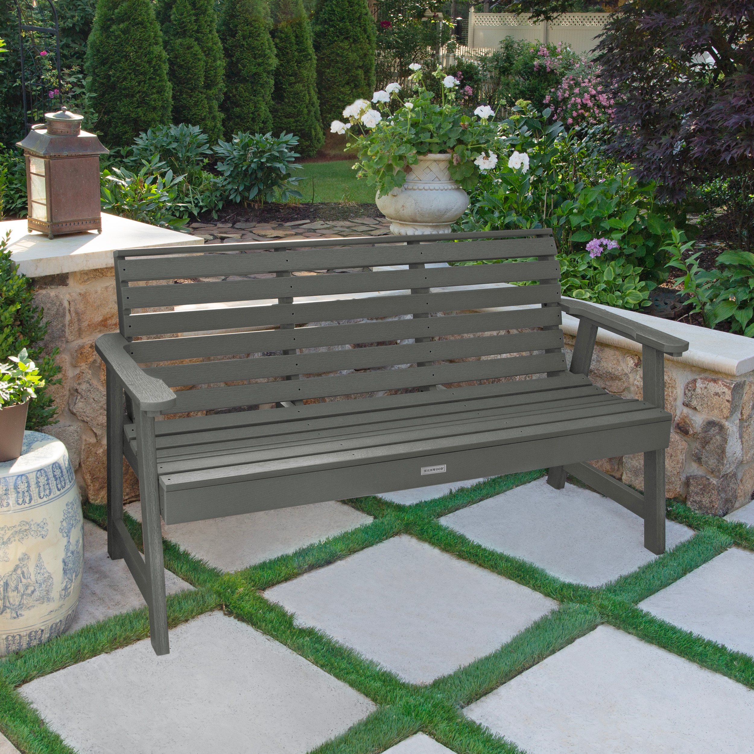 highwood - Weatherly 60.6-in W x 33.8-in H Coastal Teak Plastic Garden Bench