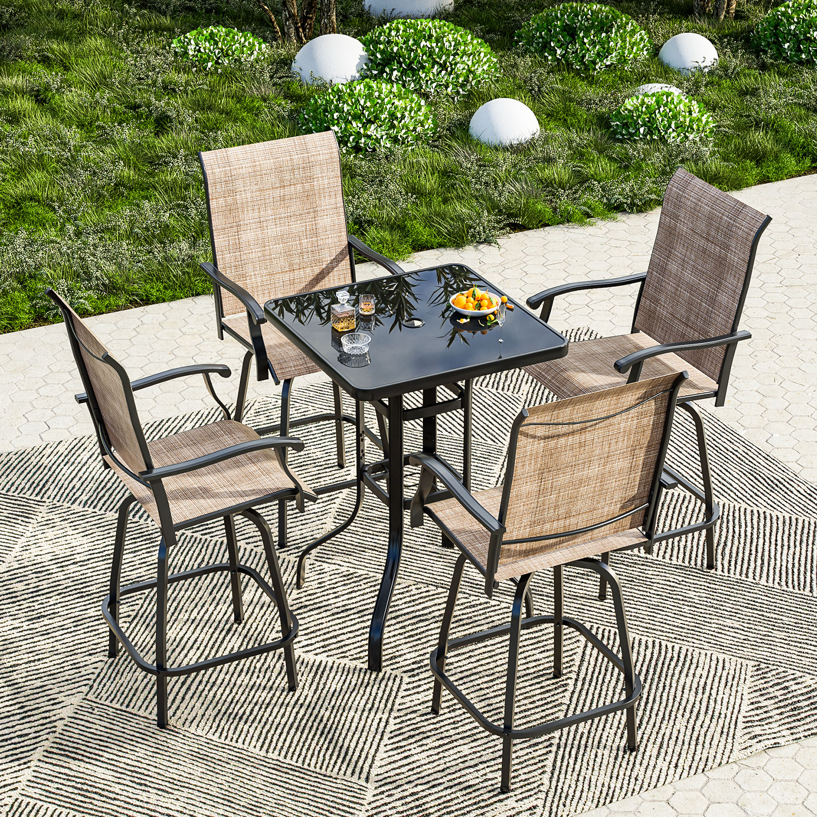 Bapipro BPCH44B38 Patio Dining Chair Set of 4 Rattan Brown Metal Frame Swivel rocker Dining Chair with Brown Woven Seat