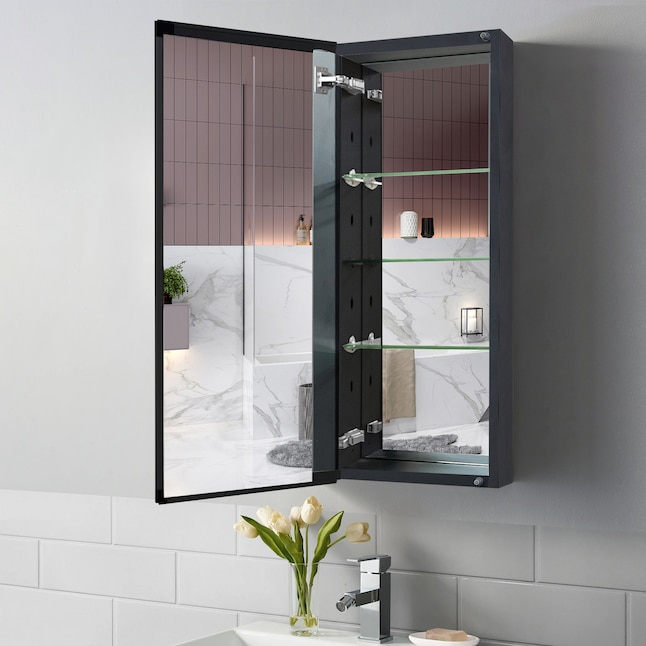 Wellfor Dh Bathroom Medicine Cabinet 15 In X 36 Surface Recessed Mount Black Mirrored Soft Close The Cabinets Department At Lowes Com