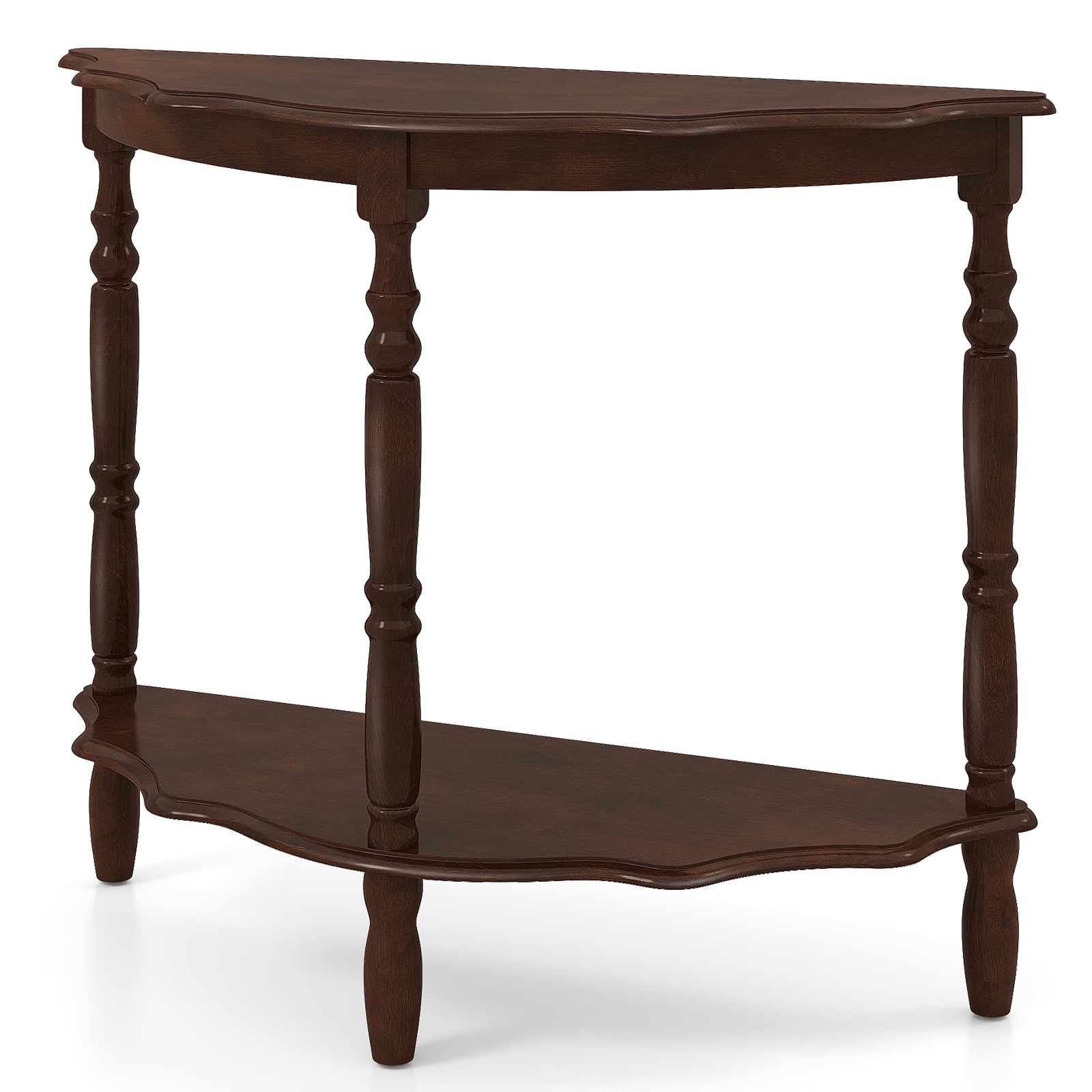 SUGIFT 42 in Half Moon Console Table with 2-Tier Open Shelf and Solid Rubber Wood Legs for Entryway Hallway - Espresso