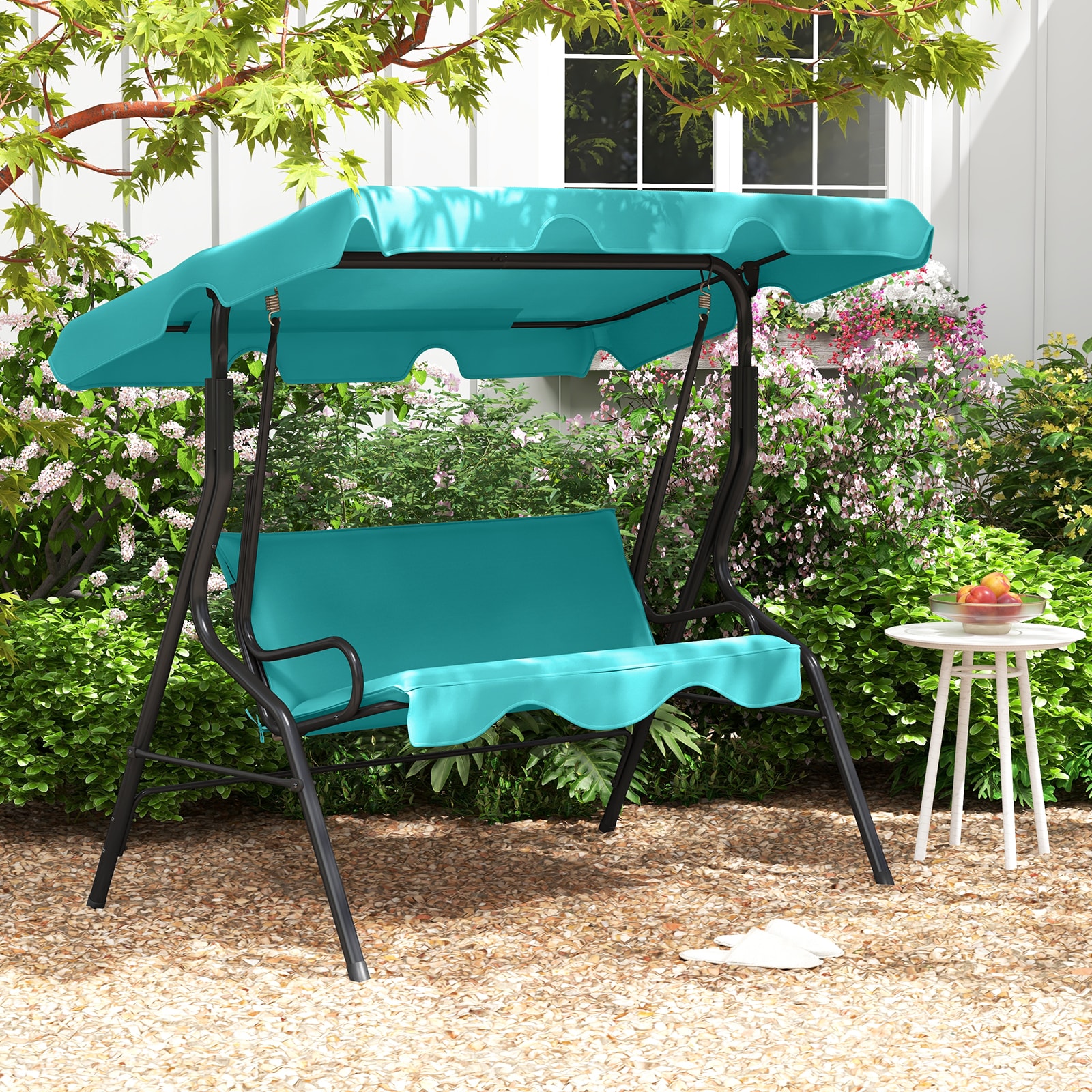 Costway -  Patio 3 Seats Canopy Swing Glider Hammock Cushioned Backyard Blue