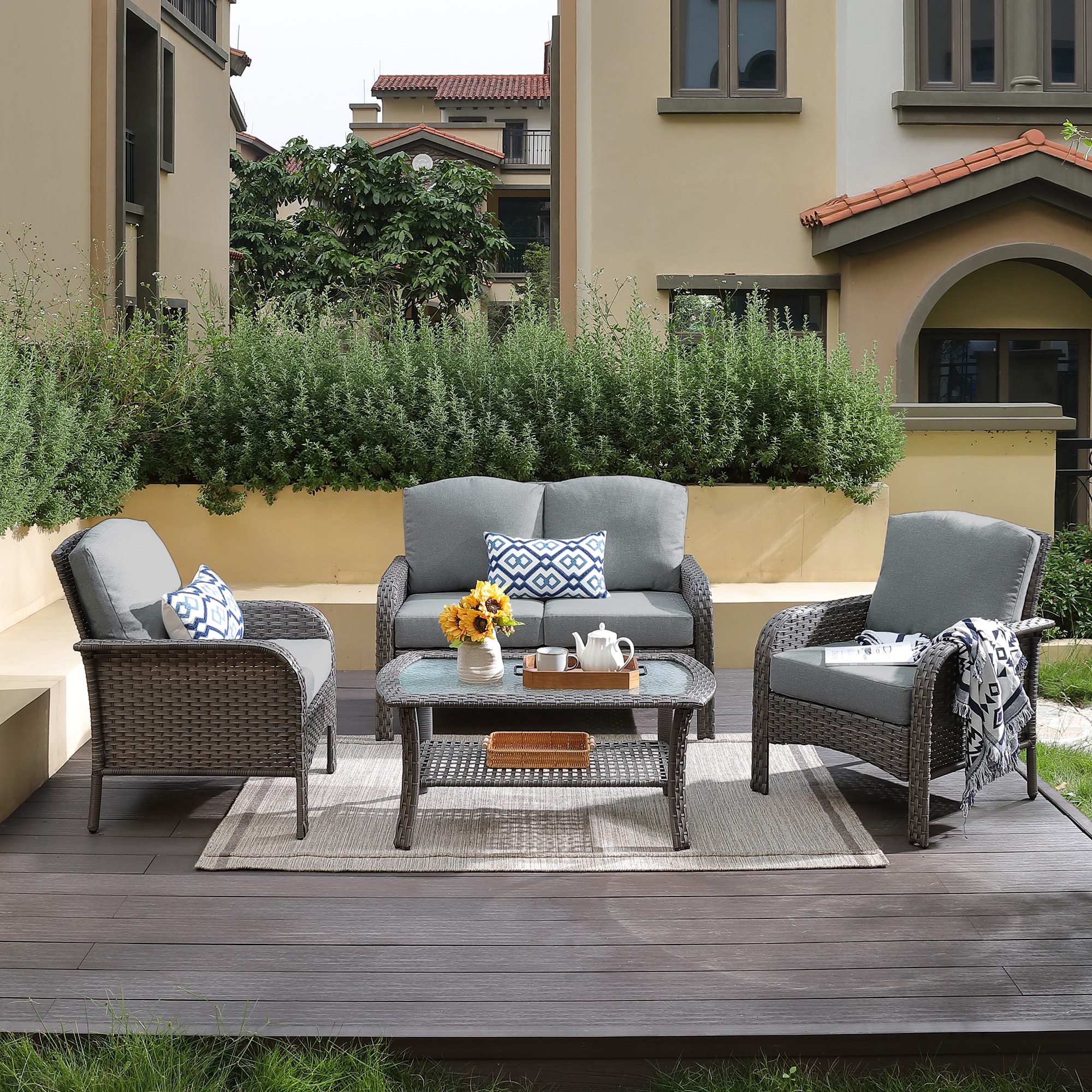 Ovios GNDS200 4 -Piece Wicker Patio Conversation Set with Dark Gray Cushions