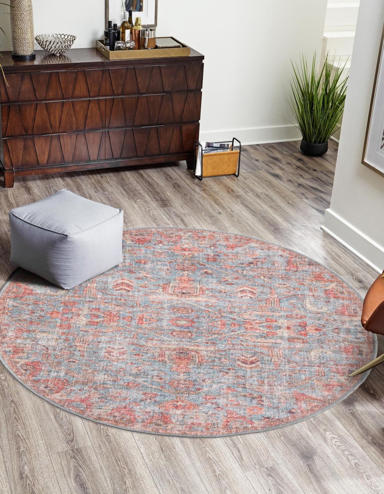 Antique Blue Easy-Care Synthetic Round Rug - Stain-Resistant & Washable