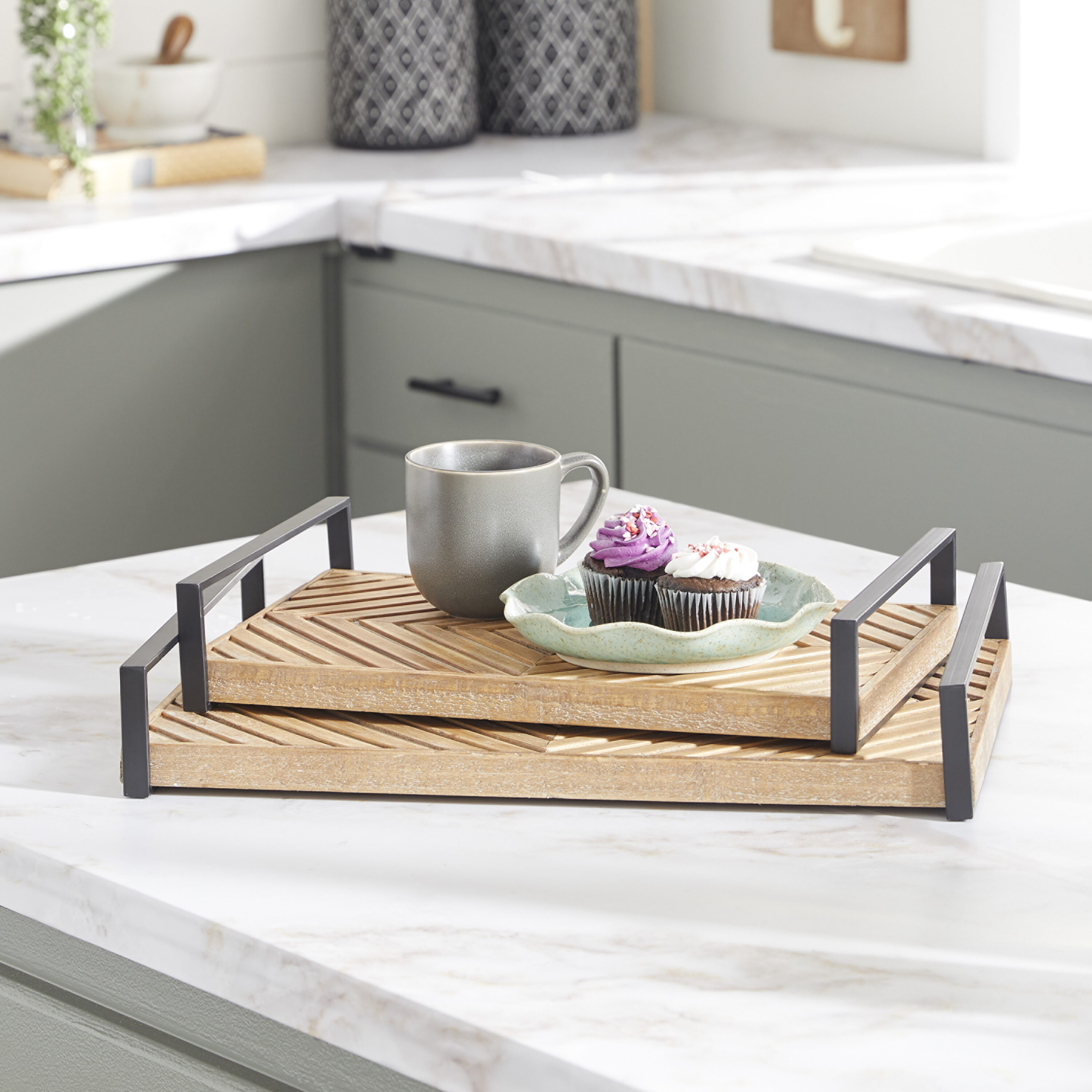 Brown Rectangular Wood Tray Set with Black Handles, 19" and 16"