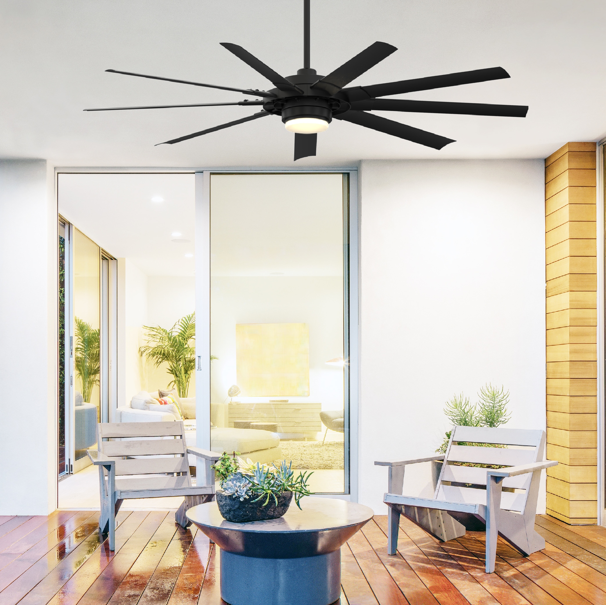 Fanimation Studio Collection LP8147SLBL Slinger v2 72-in Color-Changing Integrated LED Outdoor Matte Black with Black Blades Ceiling Fan With Light and Remote ( 9 -Blade )