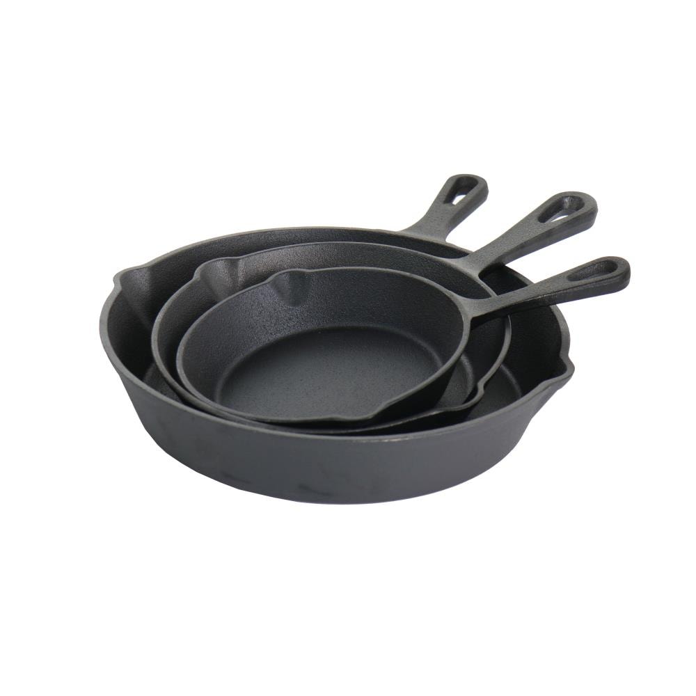 MegaChef Pre-Seasoned 9 Piece Cast Iron Skillet Set with Lids and Red Silicone Holder