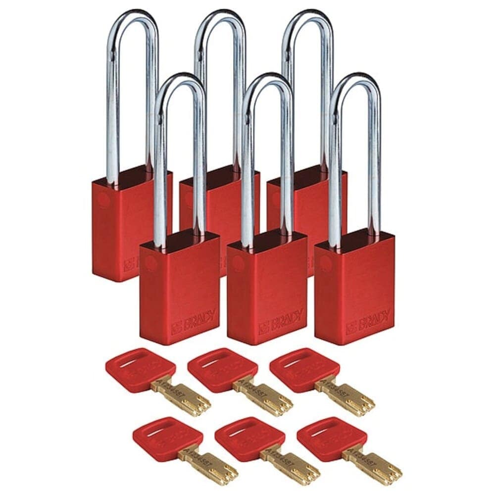 Brady  Lockout Padlock Keyed Different Aluminum Red 3 in Shackle Height 1 1/2 in Body Width 6 PK