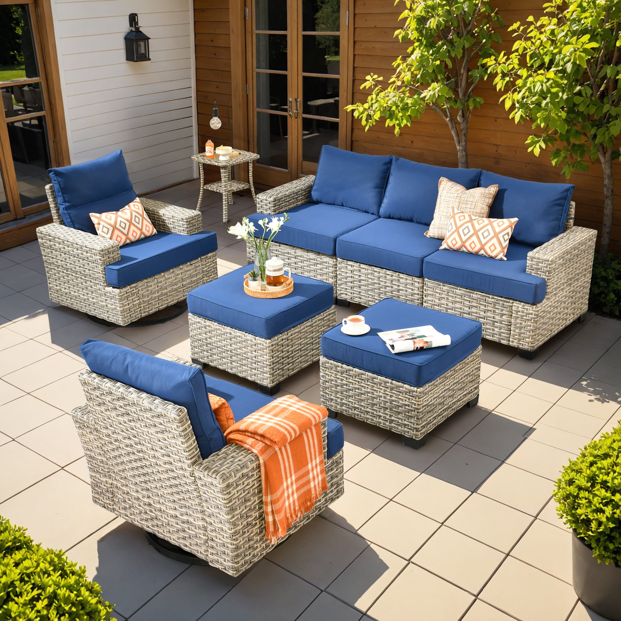 Ovios TS708Y 8 -Piece Wicker Patio Sofa Conversation Set with Navy Cushions