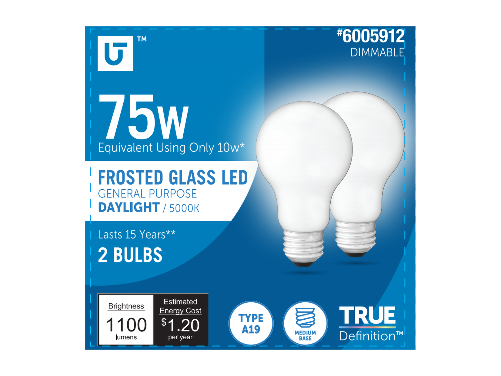 Utilitech 5A19DG10WOP50K2P 75 -Watt EQ A19 Daylight E26 Dimmable LED General purpose Light Bulb 2 -Pack