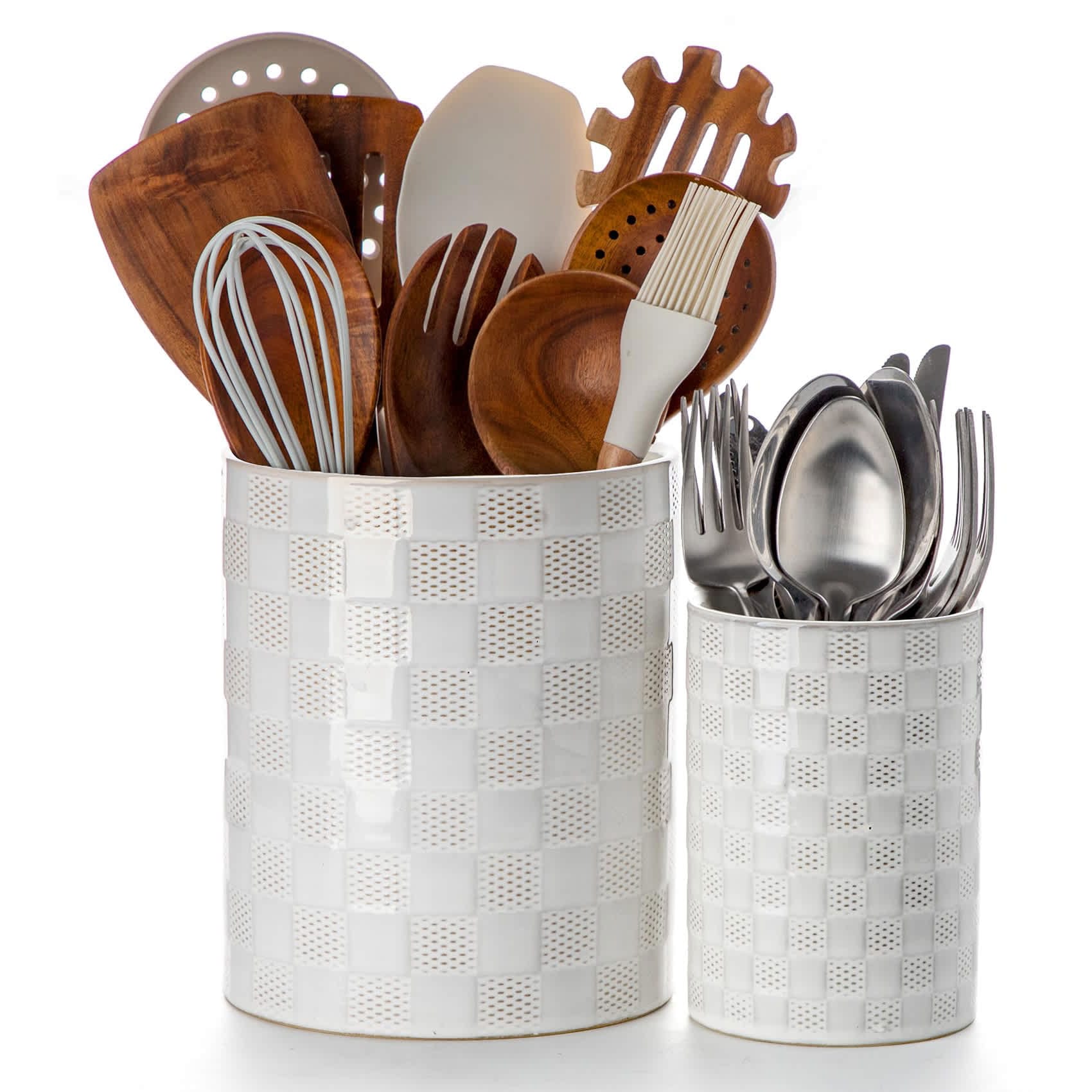 Aoibox Set of 2 Ceramic Utensil Holders 7.2 Inch and 5.4 Inch Crocks Embossed Farmhouse Kitchen Counter Organizer Stable Weighted Storage #LAB0228U37