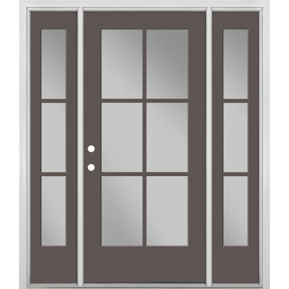 Masonite 1524316 60-in x 80-in x 4-9/16-in Fiberglass Full lite Left-hand inswing Timber Gray Painted Prehung Single door with sidelights Front Door with Brickmould Insulating core Simulated divided light