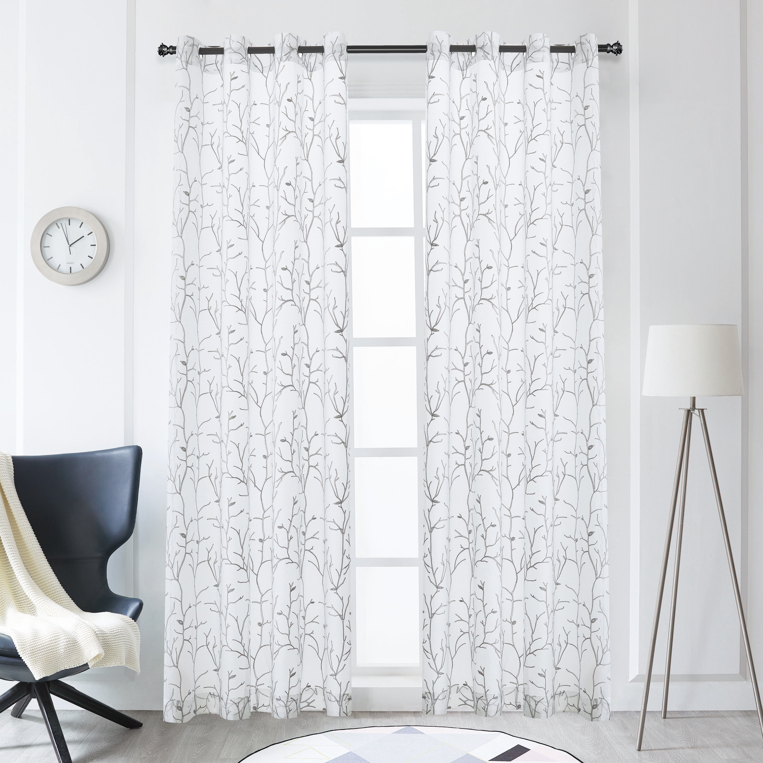  TESS-84-G 84-Inches Grey Floral Sheer Grommet Single curtain panel