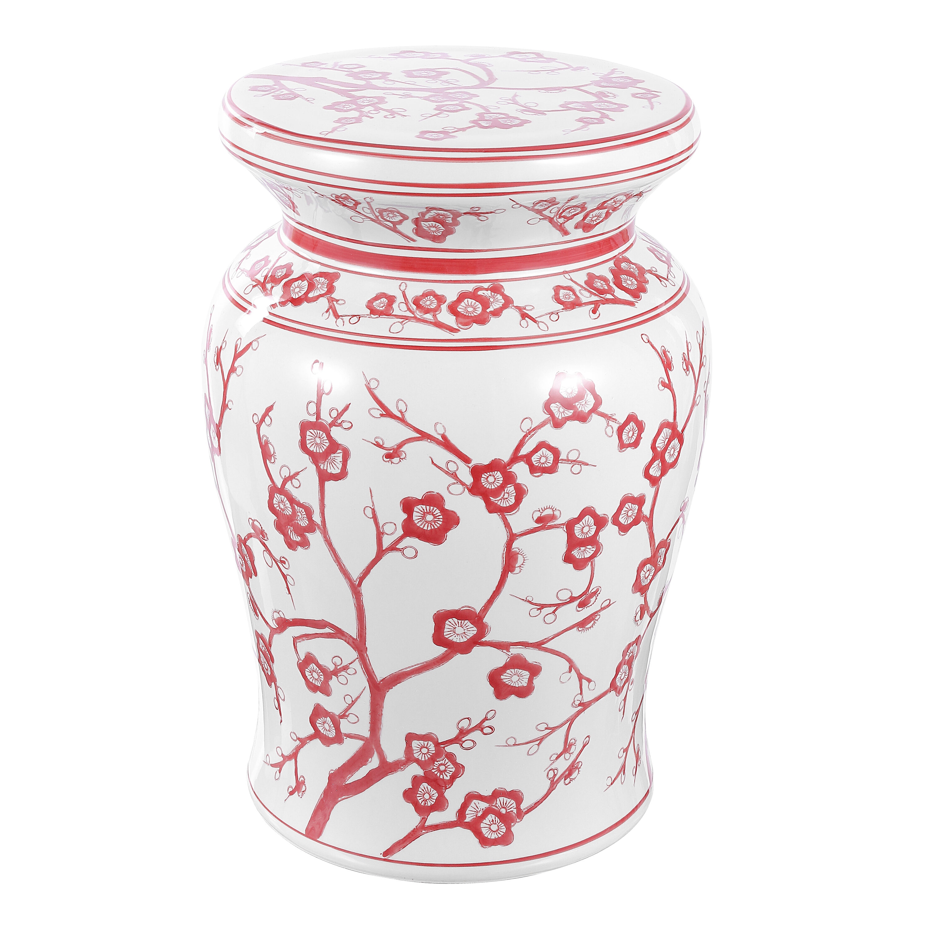 JONATHAN Y Cherry Blossom Contemporary Transitional 17.75-Inches White/Red Ceramic Barrel Garden Stool #TBL1016B