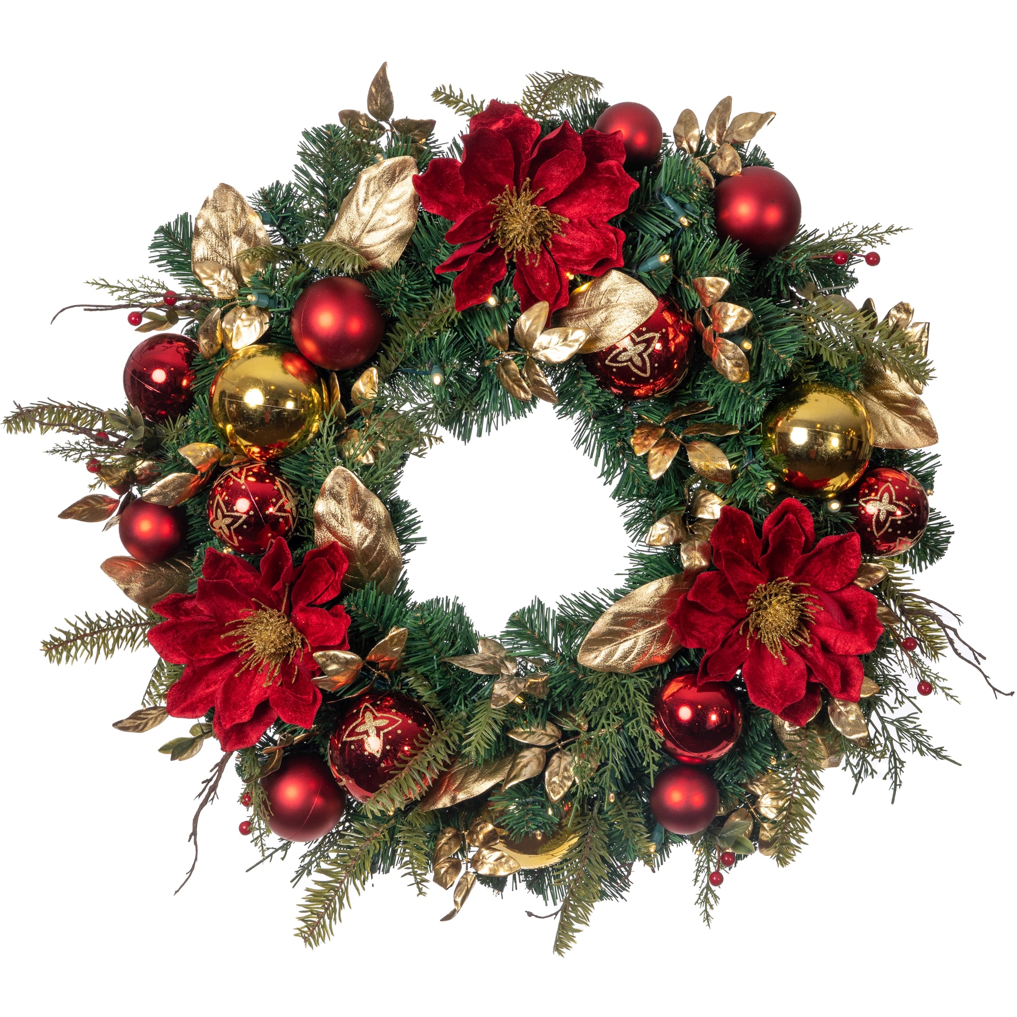 Golden Leaf Red Magnolia 30'' Artificial Christmas Wreath with LED Lights