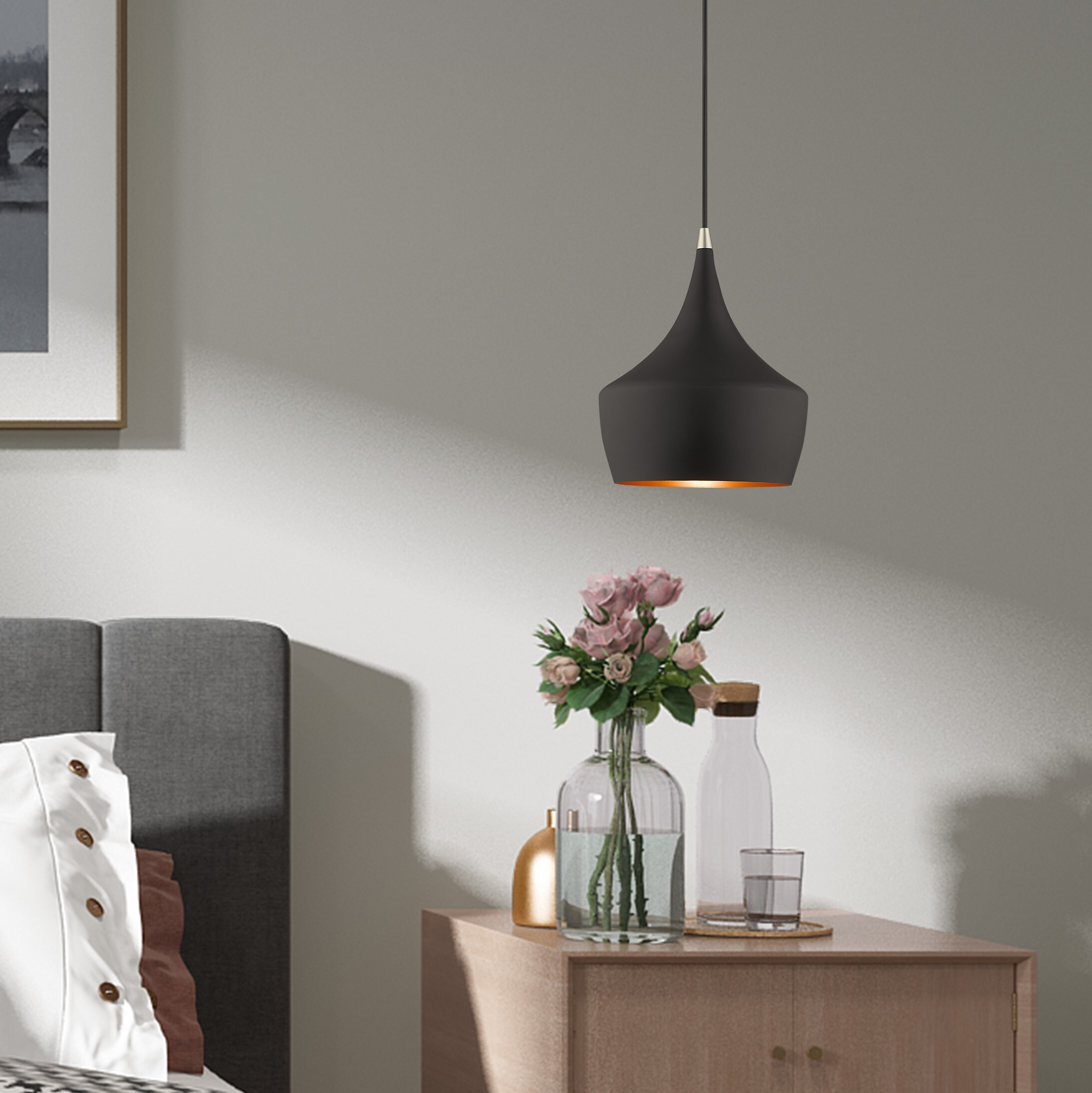 Contemporary Mini Pendant with Black Metal Shade and Gold Finish Inside
