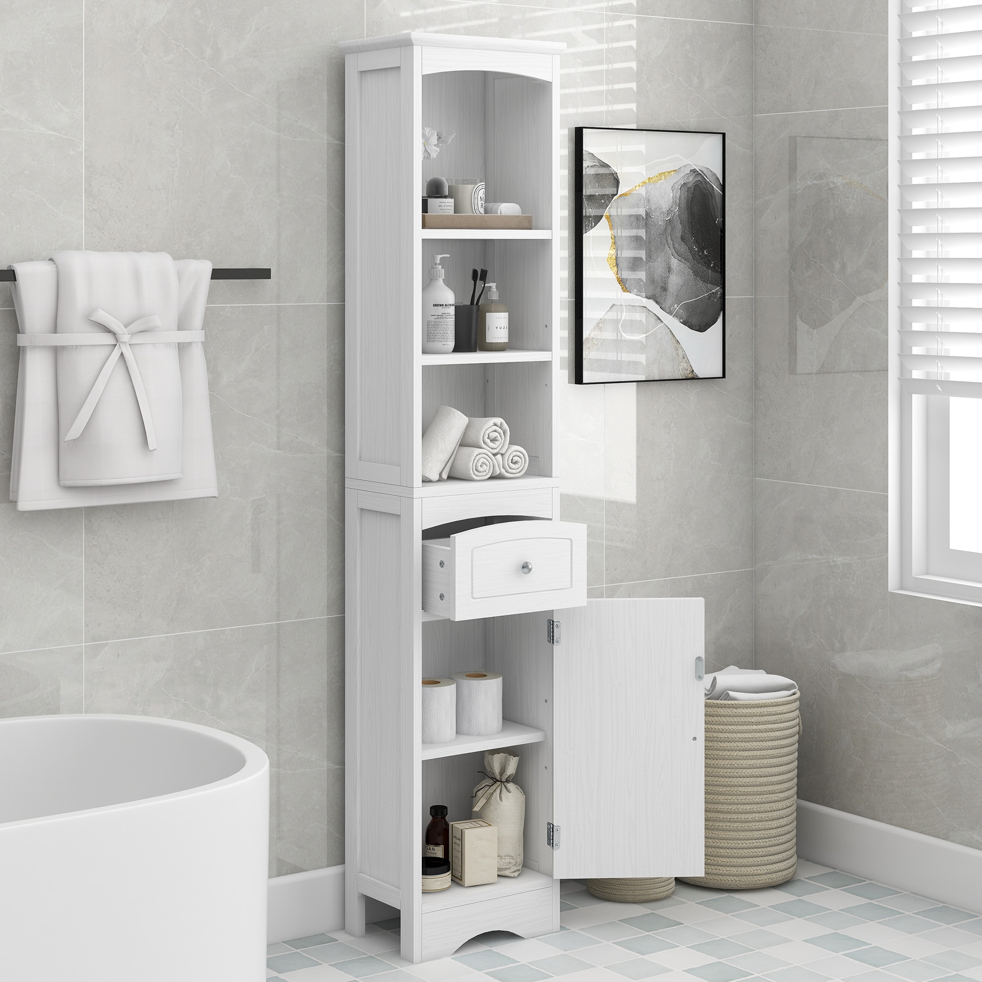 GDFStudio 327371 Tall Bathroom Cabinet Freestanding Storage Cabinet with Drawer MDF Board Adjustable Shelf White