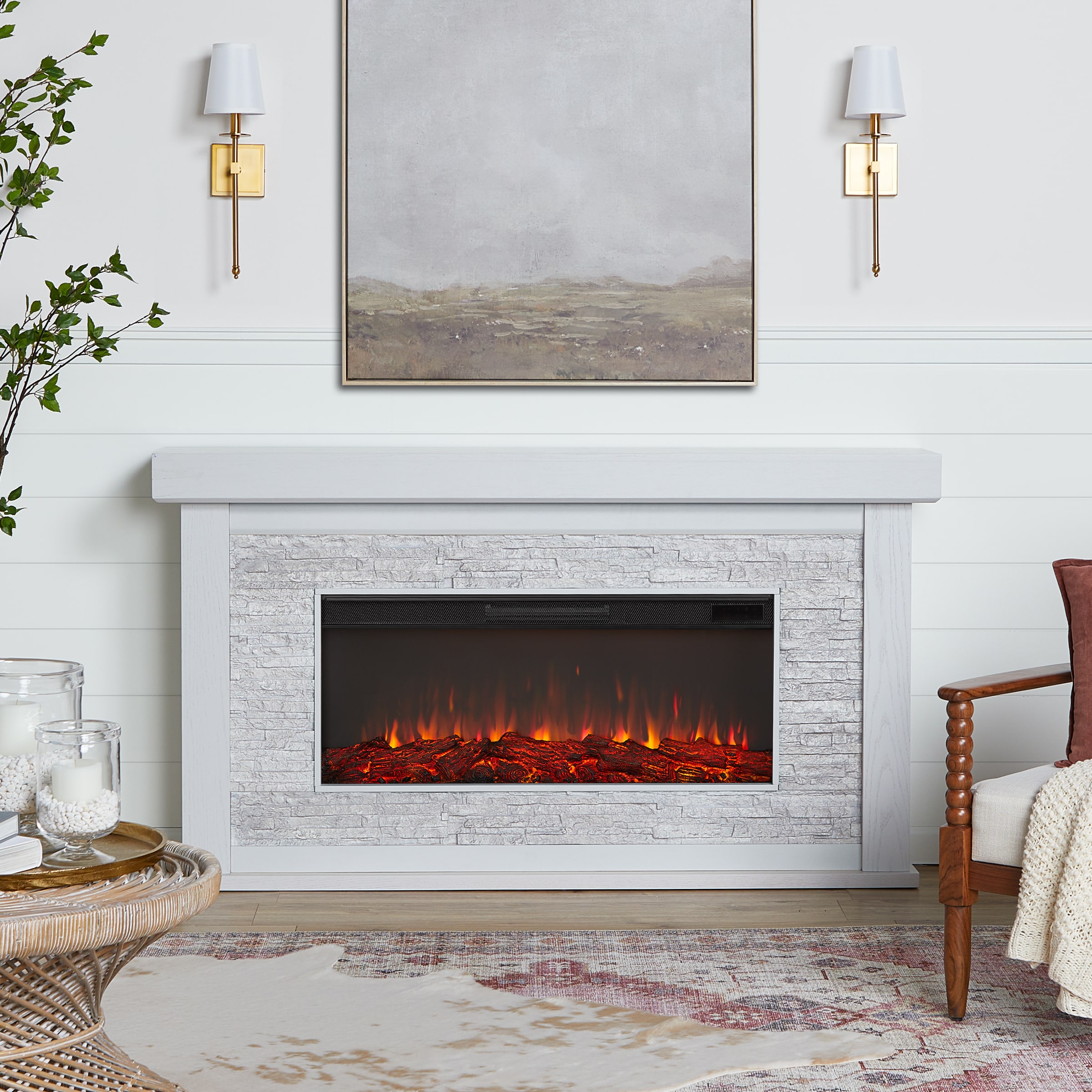Real Flame 13054E-BNE 65.75-in W Bone White Free standing Fan-forced Flat wall Electric Fireplace with Remote Control Included
