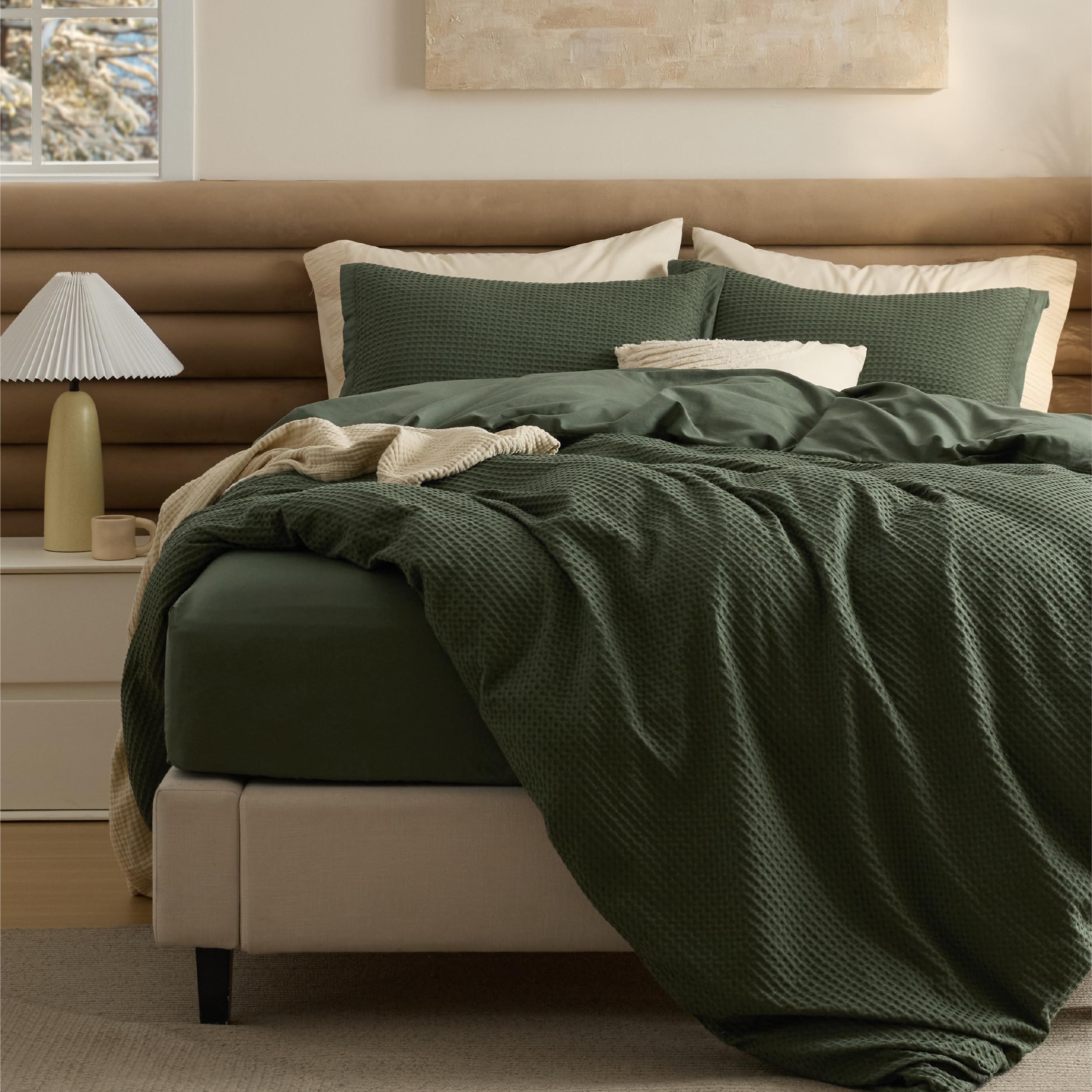 Bedsure 104x90 King 4-Piece Green Cotton Waffle Duvet Cover Set
