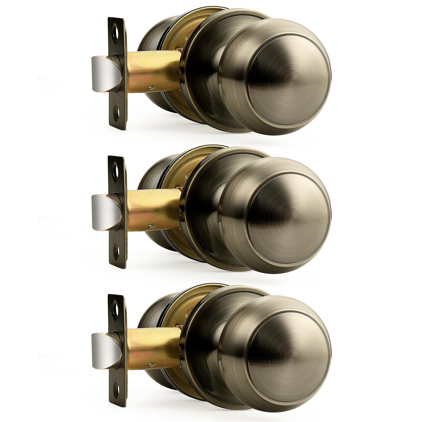 LILILIAN FMY  Interior Door Knob for Hallway Antique Brass Passage Door Knobs Closet Door Knob with Round Ball Knob 3 Pack