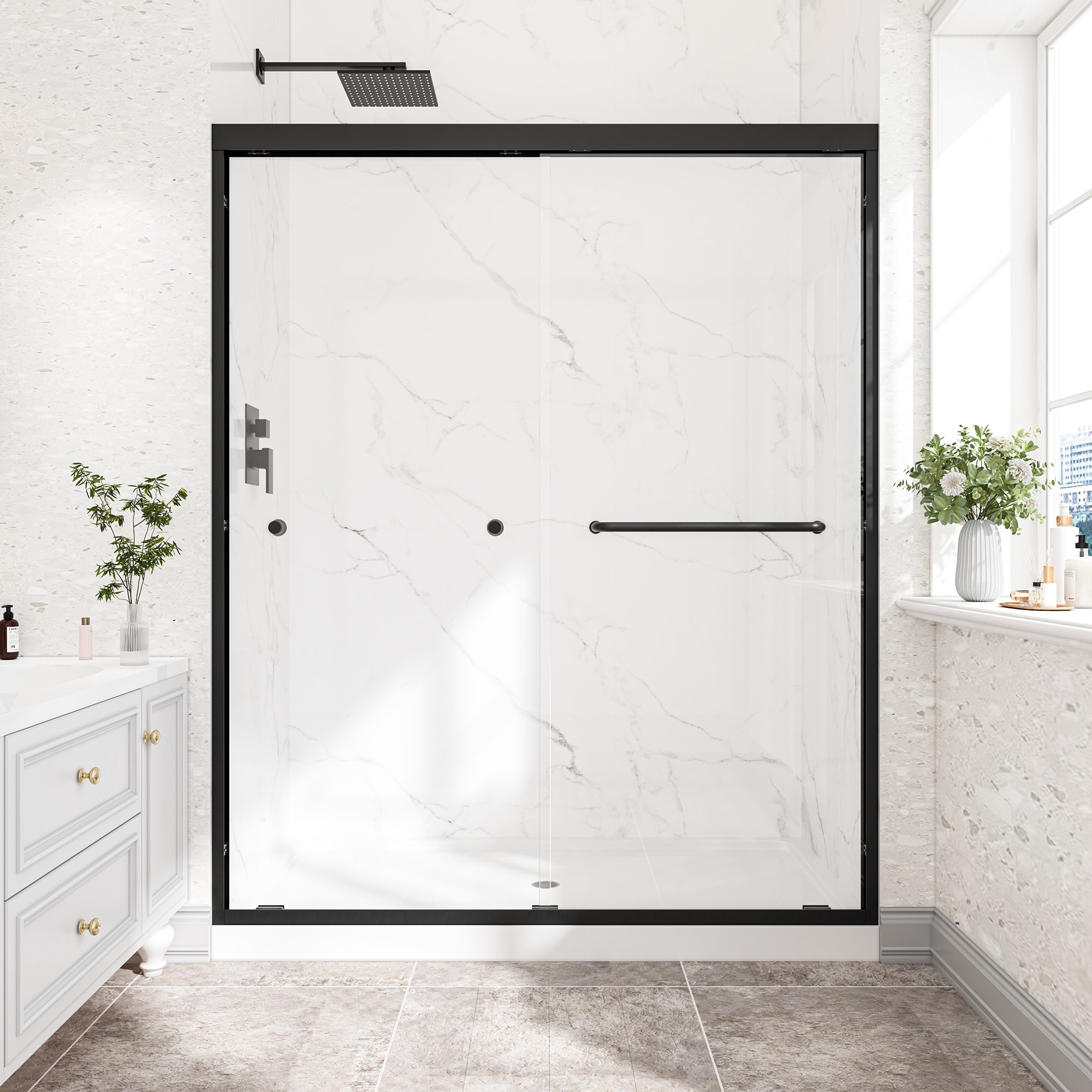 LOVMOR 55-60 in W x 72 in H Matte Black Reversible Installation Double Bypass Sliding Shower Door Aluminium Alloy Matte Black #SF-WS-W2517P431430