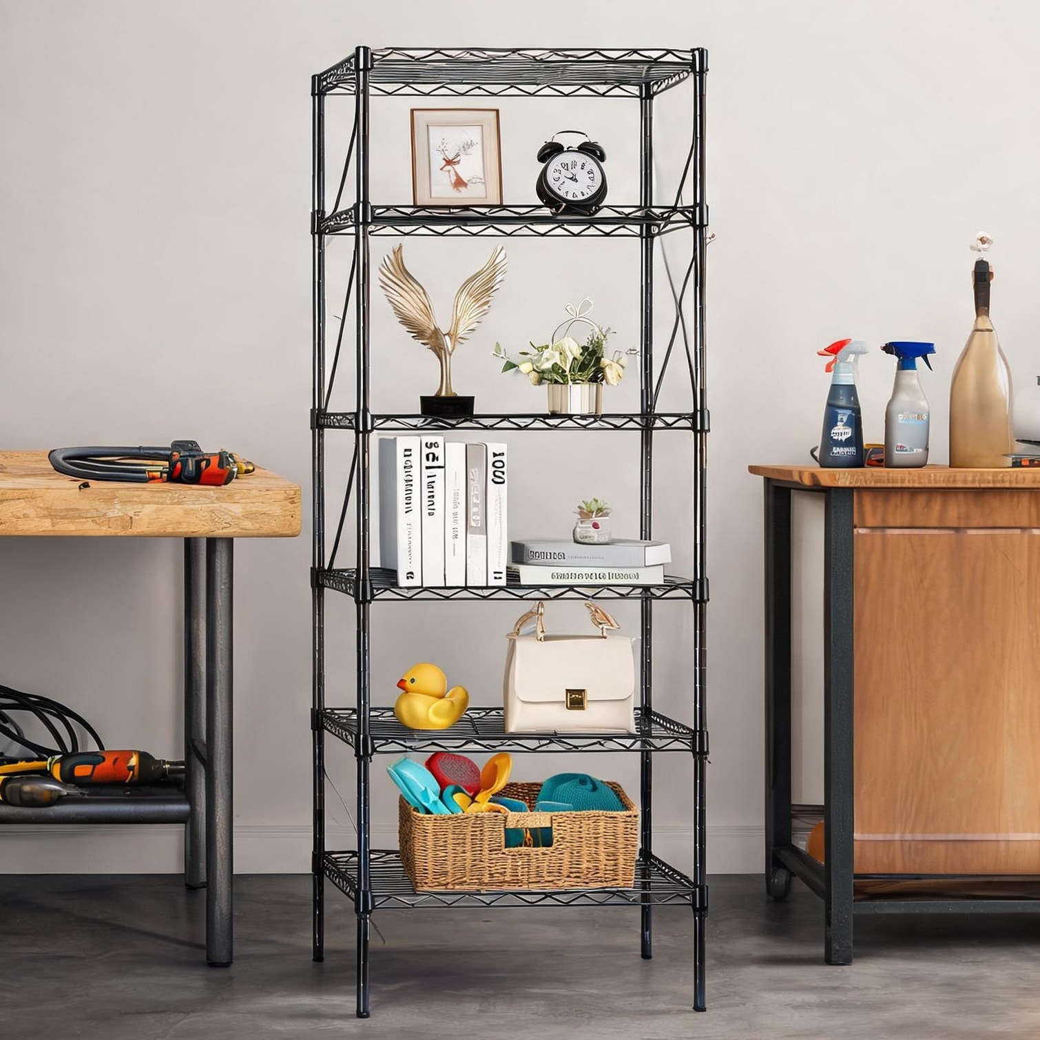 SunJet 6-Tier Freestanding Carbon Steel Storage Shelf Unit with Smooth-Rolling Wheels Matte Black