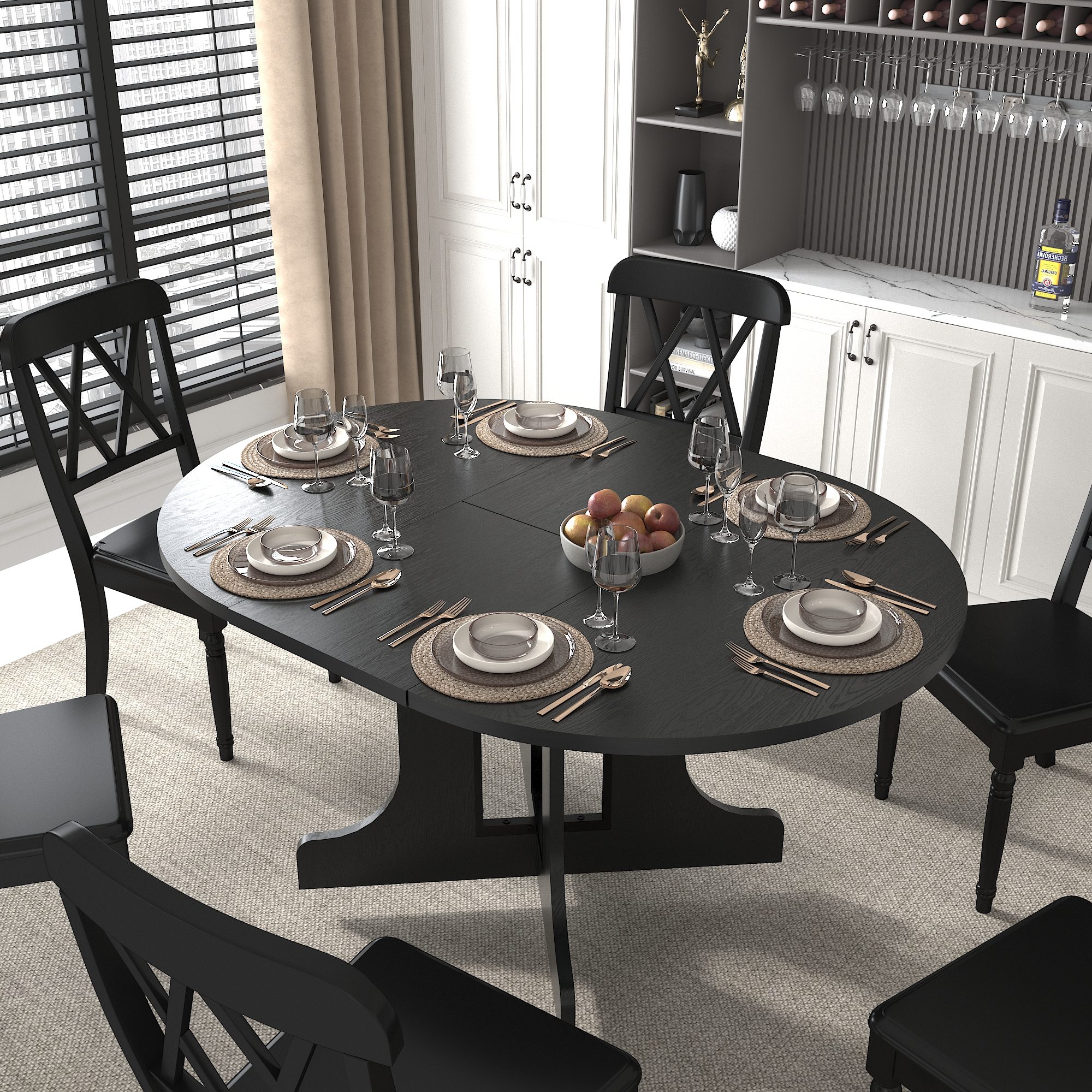 Dexmalle W1347P202405 Black Expandable Oval Dining Table with Removable Leaf Trestle X Shaped Base