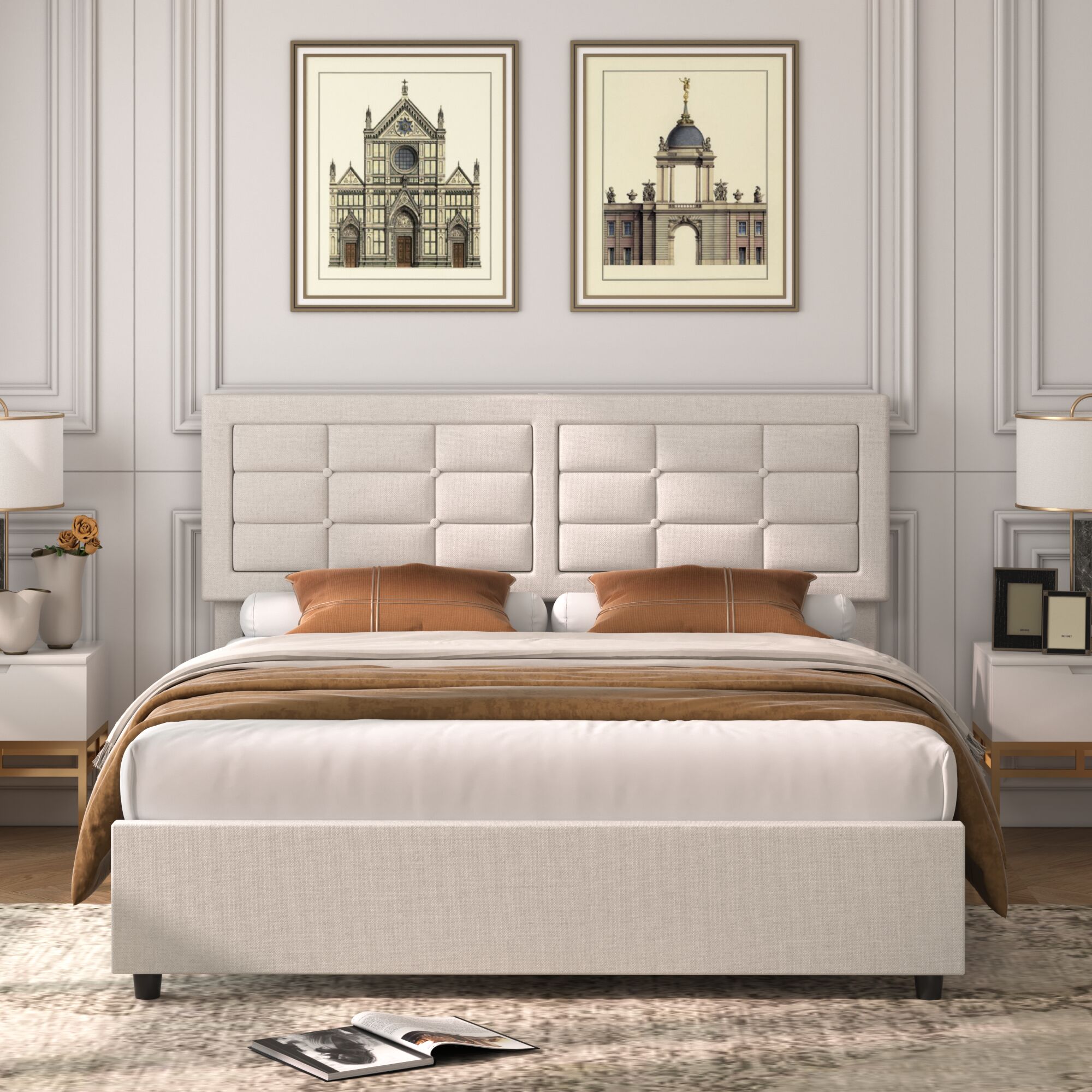 Vecelo LOE-RF01-USB-BGE Full Size Bed Frame with Headboard Built in Charging Station with Strong Wood Slats Support Beige