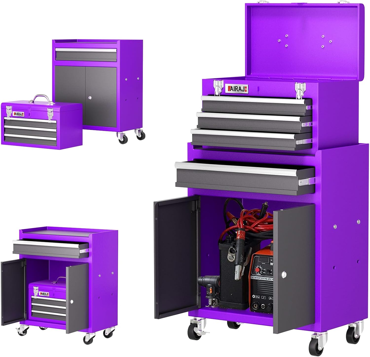 AIRAJ  Rolling Tool Chest 4 Drawers Detachable Large Capacity Tool Cabinet with Lock and Double Doors 4 Swivel Casters Portable Metal Tool Box Storage Organizer for Workshop Warehouse Garage Purple