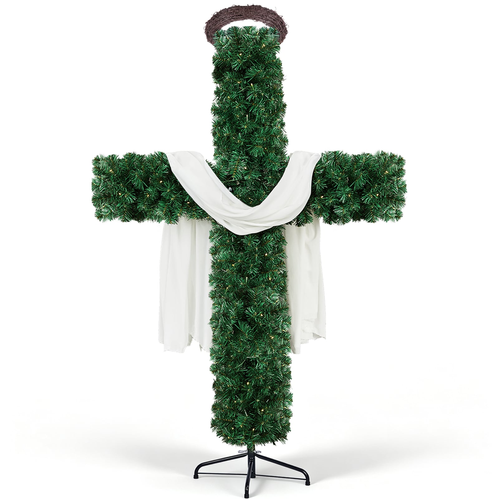 Winado 5FT Green Cross Christmas Tree with Scarf Head Ring PVC 446 Branch Tips DIY 100 Warm White Lights