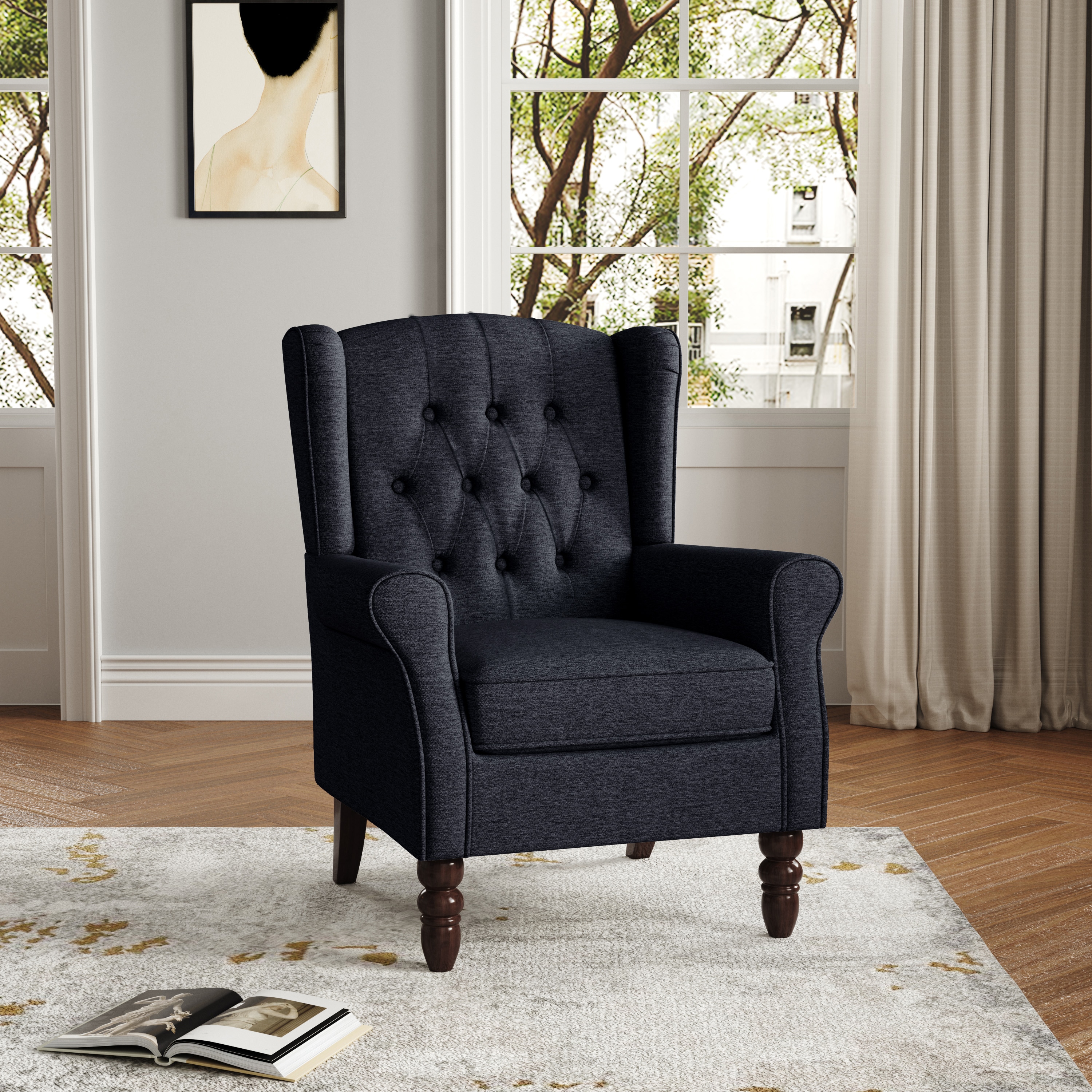 Dreamsidea Cotton Wooden Accent Armchair With Button Tufting On The Backrest Black Blue