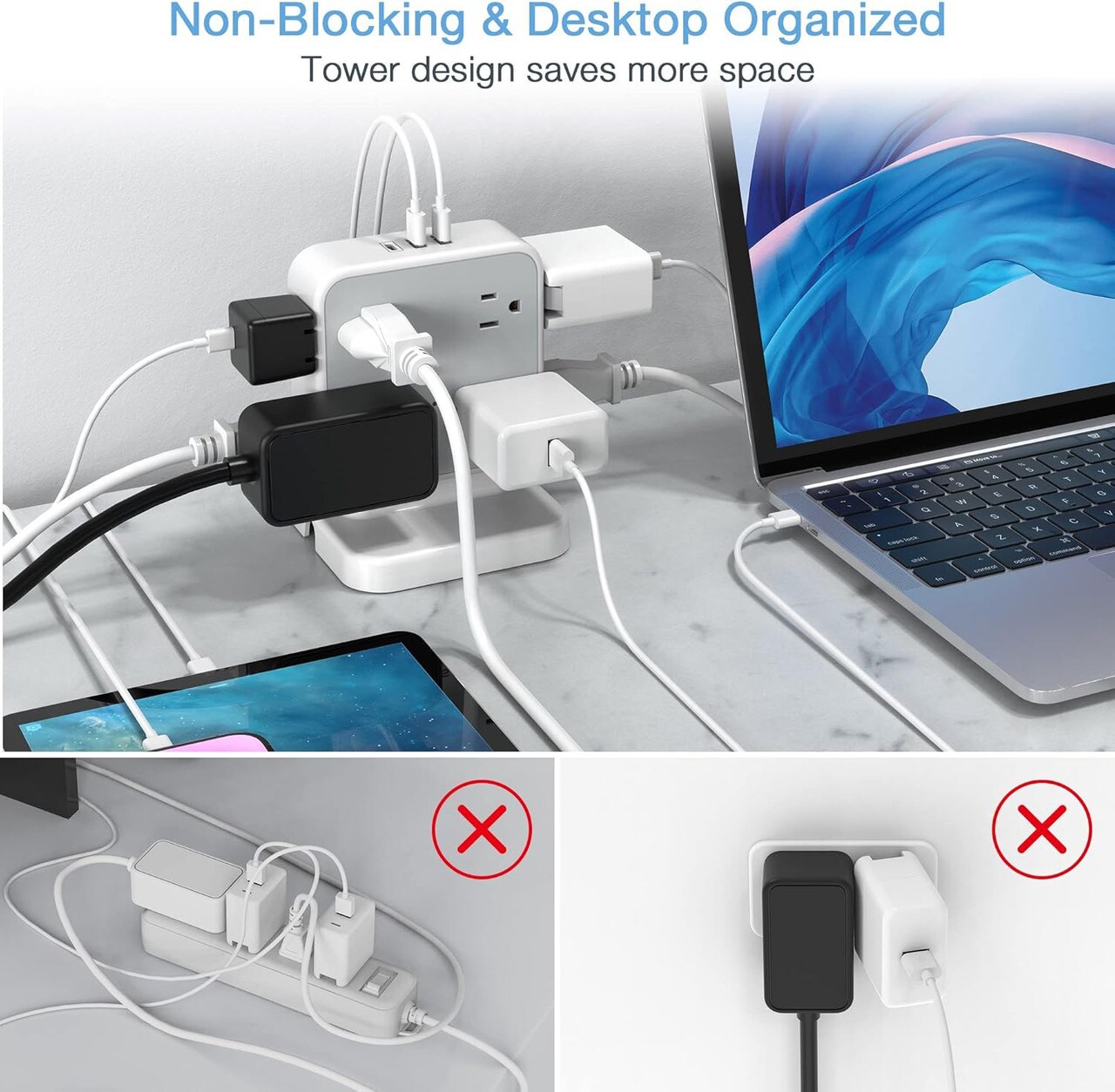 Power Strip USB Surge Protector Tower 8 AC Outlets with 6 USB Ports Chargers 10 Feet Long Extension Cord Indoor White-Powerjc